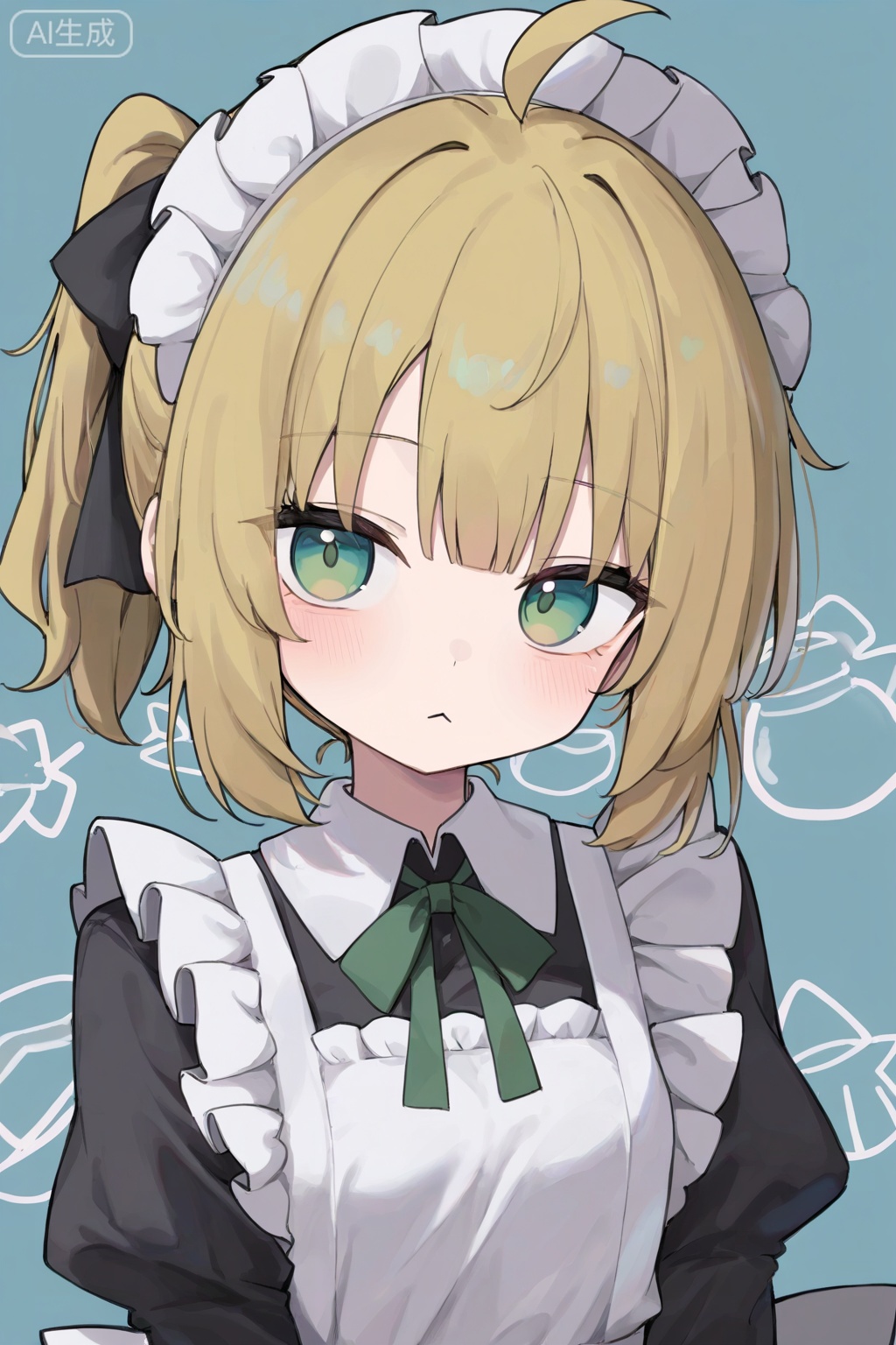 1girl, solo, looking at viewer, short hair, bangs, blonde hair, long sleeves, dress, ribbon, closed mouth, green eyes, hair ribbon, upper body, ponytail, ahoge, frills, puffy sleeves, apron, black dress, maid, black ribbon, blue background, white apron, :<, maid apron, frilled apron, collared dress