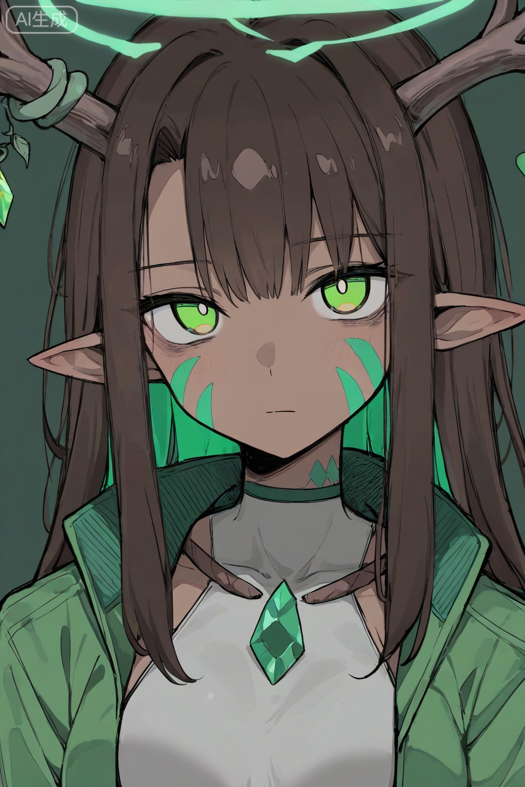 (best quality),(amazing quality),(very aesthetic),1girl, solo, antler-like horns, glowing halo, halo made of vines, tribal tattoo on face, glowing green facial markings, looking at viewer, long hair, simple background, closed mouth, emerald green background, greyscale with colored background, brown hair, nature-inspired jacket, dark skin, dark-skinned female, bodysuit, green eyes, sketch, limited palette