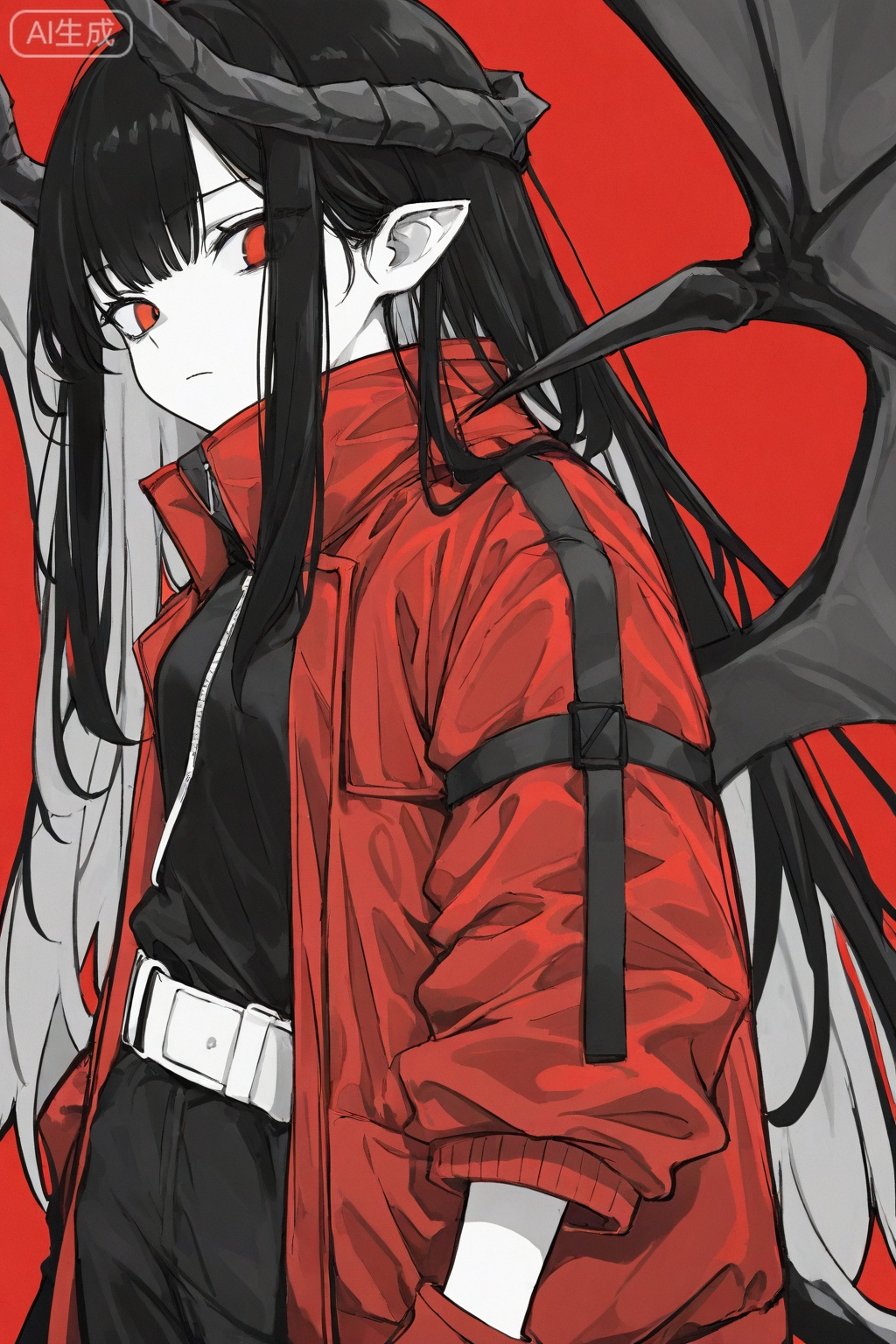 1girl,red background,solo,horns,looking at viewer,long hair,simple background,closed mouth,wings,red eyes,red theme,sidelocks,limited palette,sketch,greyscale with colored background,black hair,jacket,best quality,amazing quality,very aesthetic,