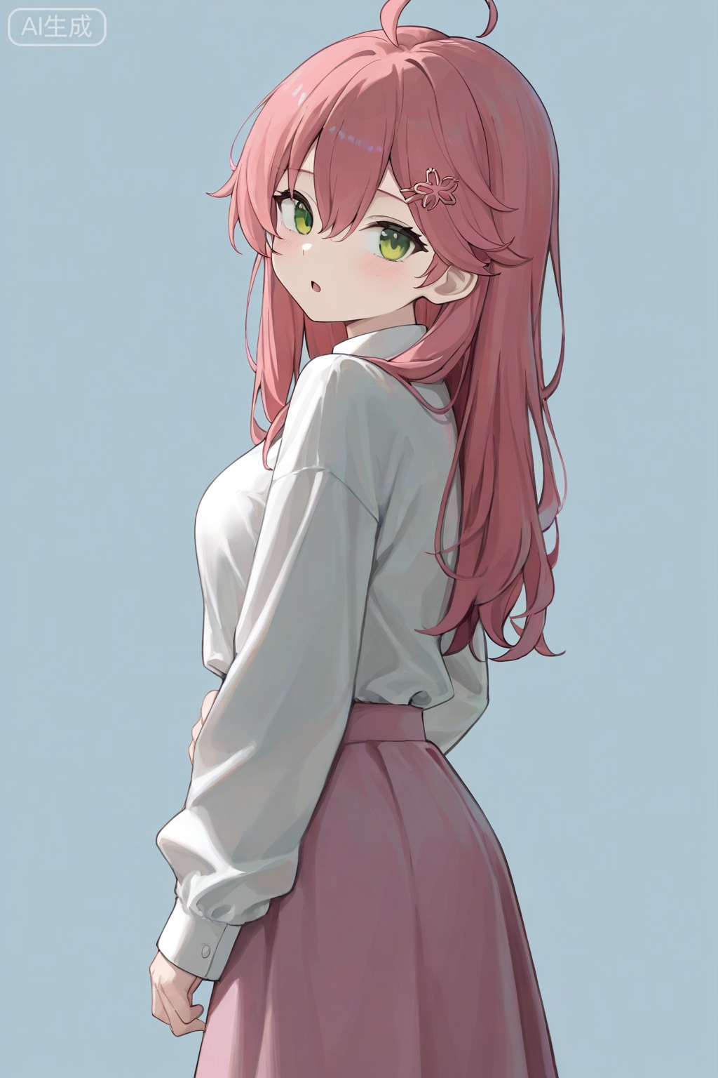 1girl, solo, long hair, looking at viewer, bangs, skirt, simple background, shirt, hair ornament, long sleeves, hair between eyes, green eyes, white shirt, pink hair, ahoge, cowboy shot, parted lips, alternate costume, hairclip, virtual youtuber, :o, from side, looking to the side, blue background, pink skirt, sakura miko