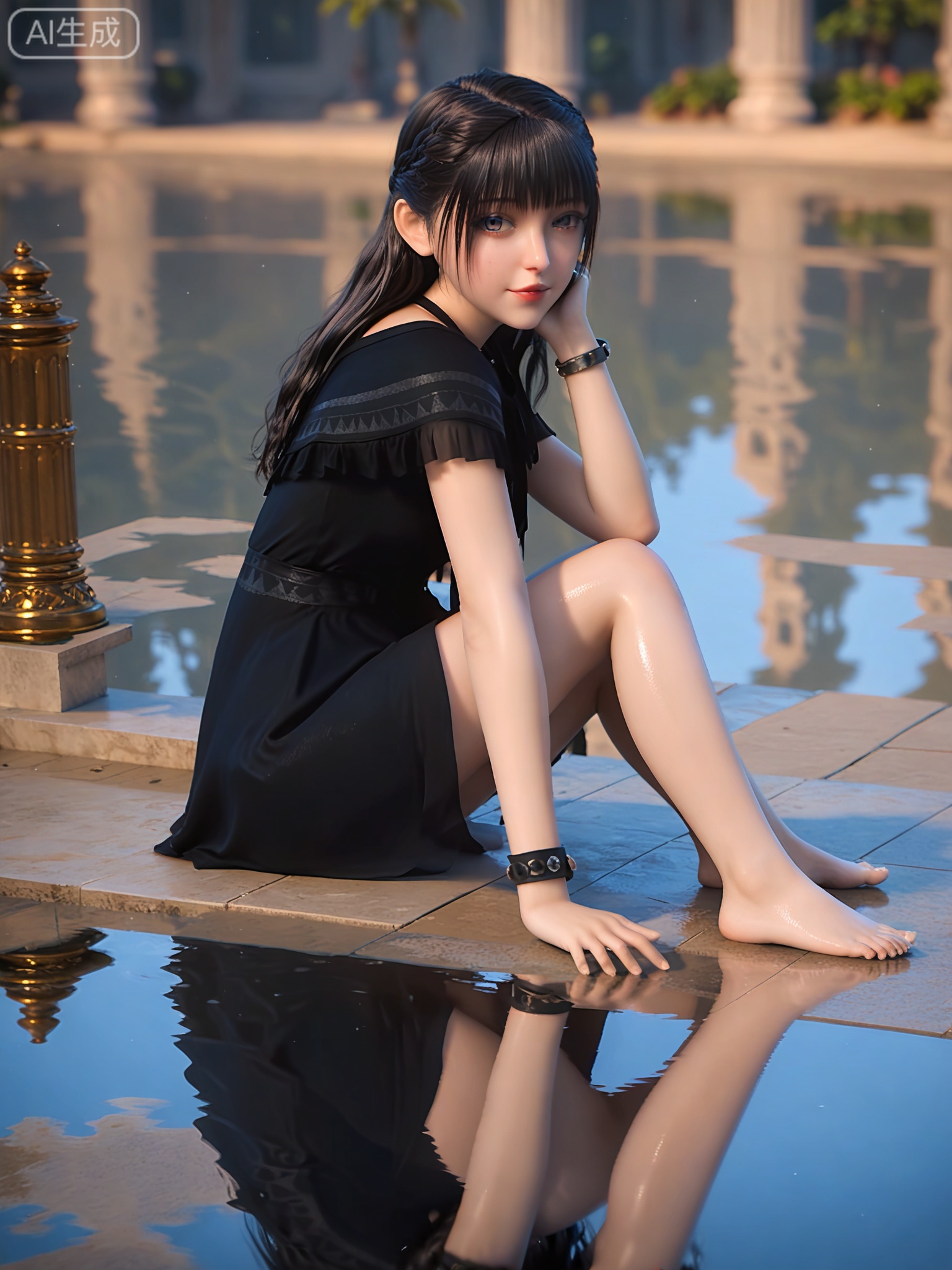 score_9,score_8_up,score_7_up,1girl,solo,looking_at_viewer,realistic,photorealistic,1girl,Vivid Colors,bright environment,shiny skin,detail eyes,Eyes highlights,extreme detail description,(full body:0.8),light,sunshine,bright,reflection,bright,sunshine on face,shiny,shinny,petite,thin,leg slimming,lose weight,slim hips,lakeside,delicate water,reflection,sitting_down,bracelet,black dress,