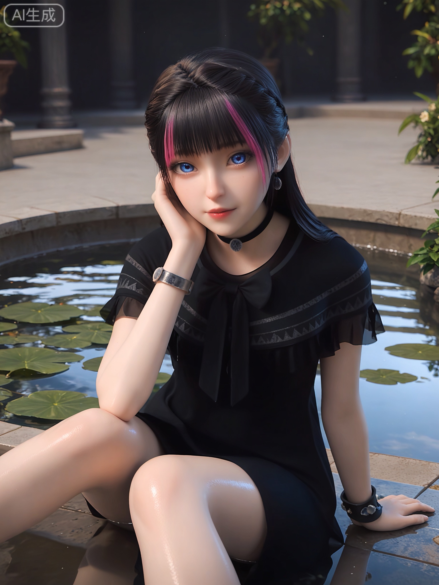 score_9,score_8_up,score_7_up,1girl,looking_at_viewer,realistic,photorealistic,1girl,Vivid Colors,bright environment,shiny skin,shiny hairjewelry,detail eyes,Eyes highlights,extreme detail description,(full body:0.8),light,glowing,sunshine,bright,reflection,bright,sunshine on face,shiny,shinny,petite,thin,leg slimming,lose weight,slim hips,lakeside,delicate water,reflection,specular reflection,sitting_down,bracelet,black dress,