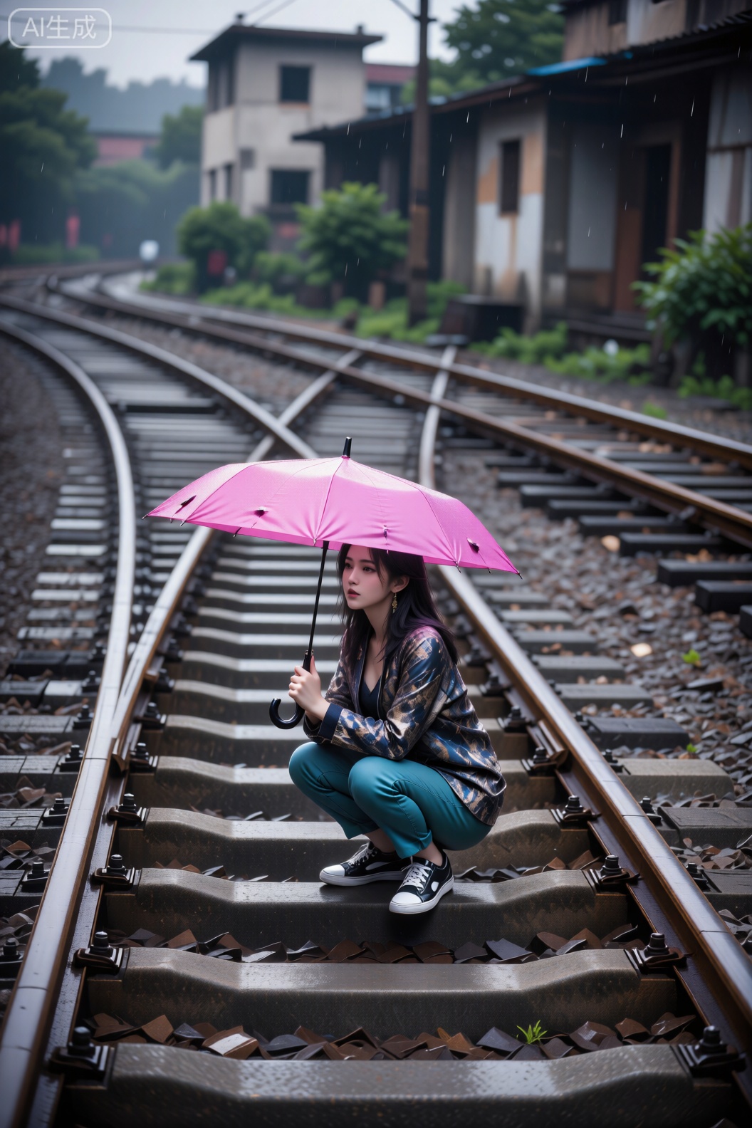 画面捕捉了一个孤寂的雨天瞬间。人物蹲在铁轨中央,头顶撑着一把亮粉色雨伞,成为灰暗环境中的焦点。其花纹外套、蓝绿色裤子与黑白运动鞋的穿搭在阴郁色调中增添了个性。背景是向远方延伸的交错铁轨、破旧建筑和绿植,潮湿的空气与朦胧的光线强化了清冷、疏离的氛围。居中构图突出了人物的孤独感,仿佛在等待或沉思。



