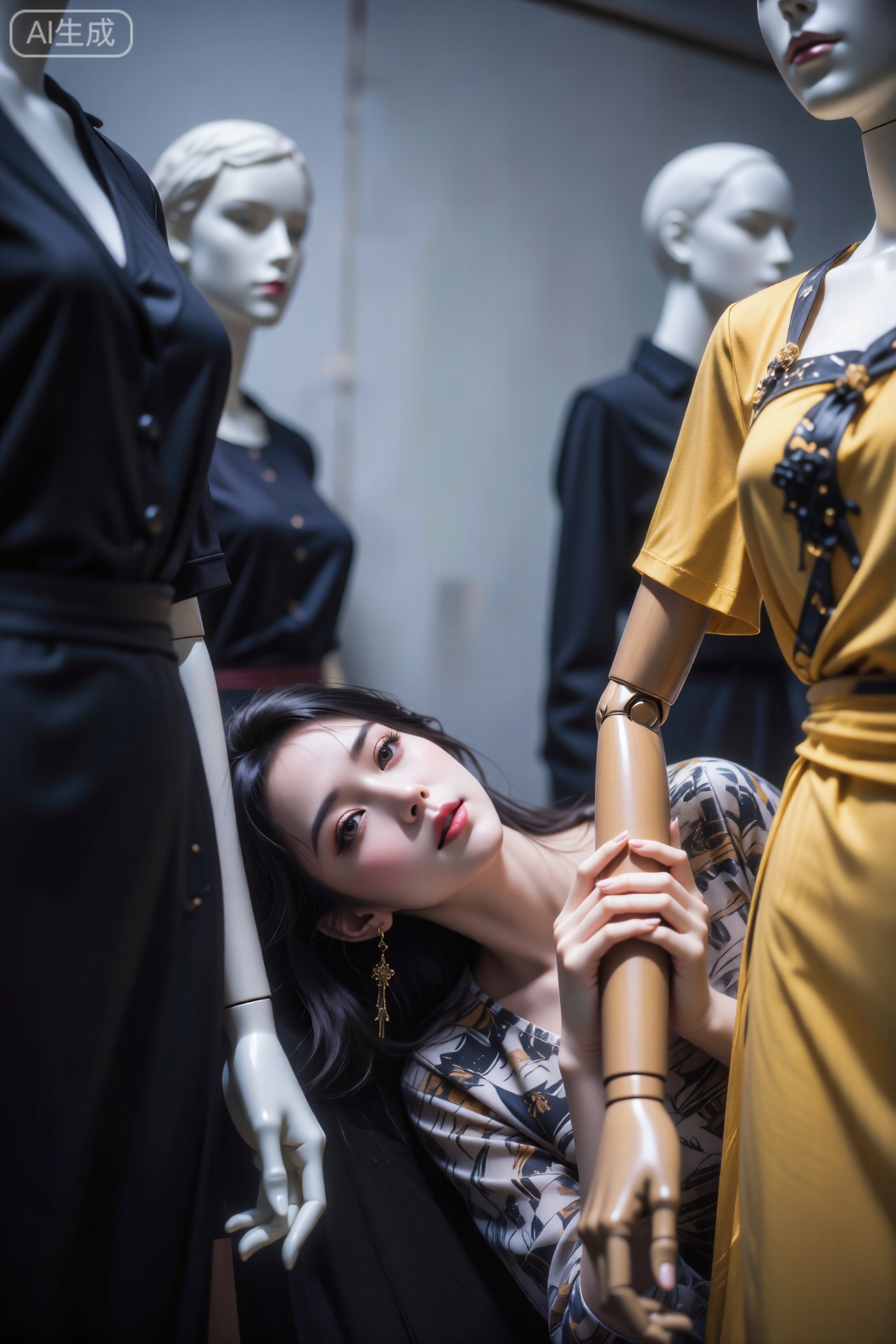 图像营造出一种超现实的静谧感。一位妆容精致的女性躺卧在多个模特假人之间,她穿着图案上衣,双手轻握右侧假人的手臂,抬头望向镜头。右侧假人身着黄色连衣裙配黑色饰品,其他假人则穿深色服装置身后方。模糊的冷色调墙面背景强化了虚实交织的错觉,整体构图刻意而平静,探讨了真实与复制、人与物之间的微妙关系。





