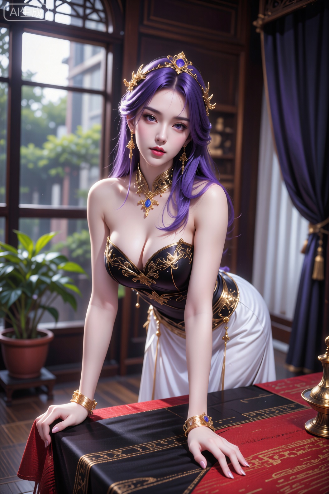 这幅图片展现了一位气质典雅、装扮华丽的女性。她拥有一头紫色长发,头戴精致的金色头饰,颈部和手腕佩戴着相称的金色饰品,身着带有金色纹饰的黑色抹胸与白色裙装。人物双手支撑于铺有红黑桌布的桌面,姿态自信而从容。背景中的窗户、绿植以及半掩的窗帘共同营造出一个充满异域风情的静谧室内空间,整体画面色彩浓郁,风格突出,烘托出优雅而神秘的氛围。
