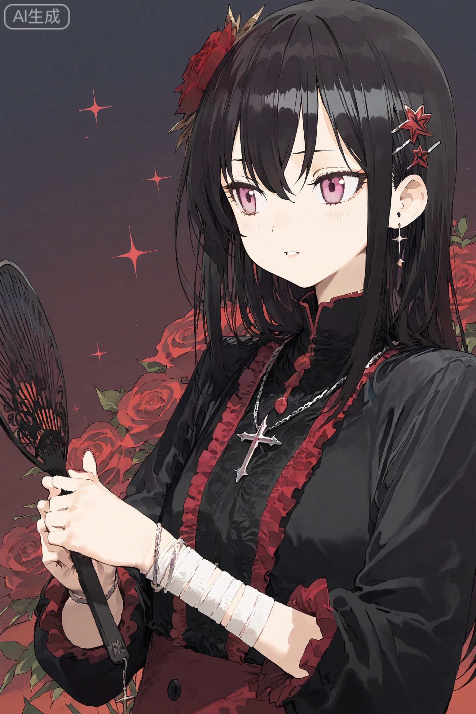 SharkLJ, 1girl, solo, long black hair with wispy bangs, gradient black-pink eyes, domineering look, hair ornament (black star crystal + silver chain), holding a black lace fan, upper_body, black long sleeves with red frills, cross pendant necklace, sparkle_background (black with red starlets), bandage (white) on wrist, red lips, simple background (gradient black-pink), hair clip (red rose), (pakosun:0.8), modare, artist: modare, abara heiki, (ciloranko:0.8),
