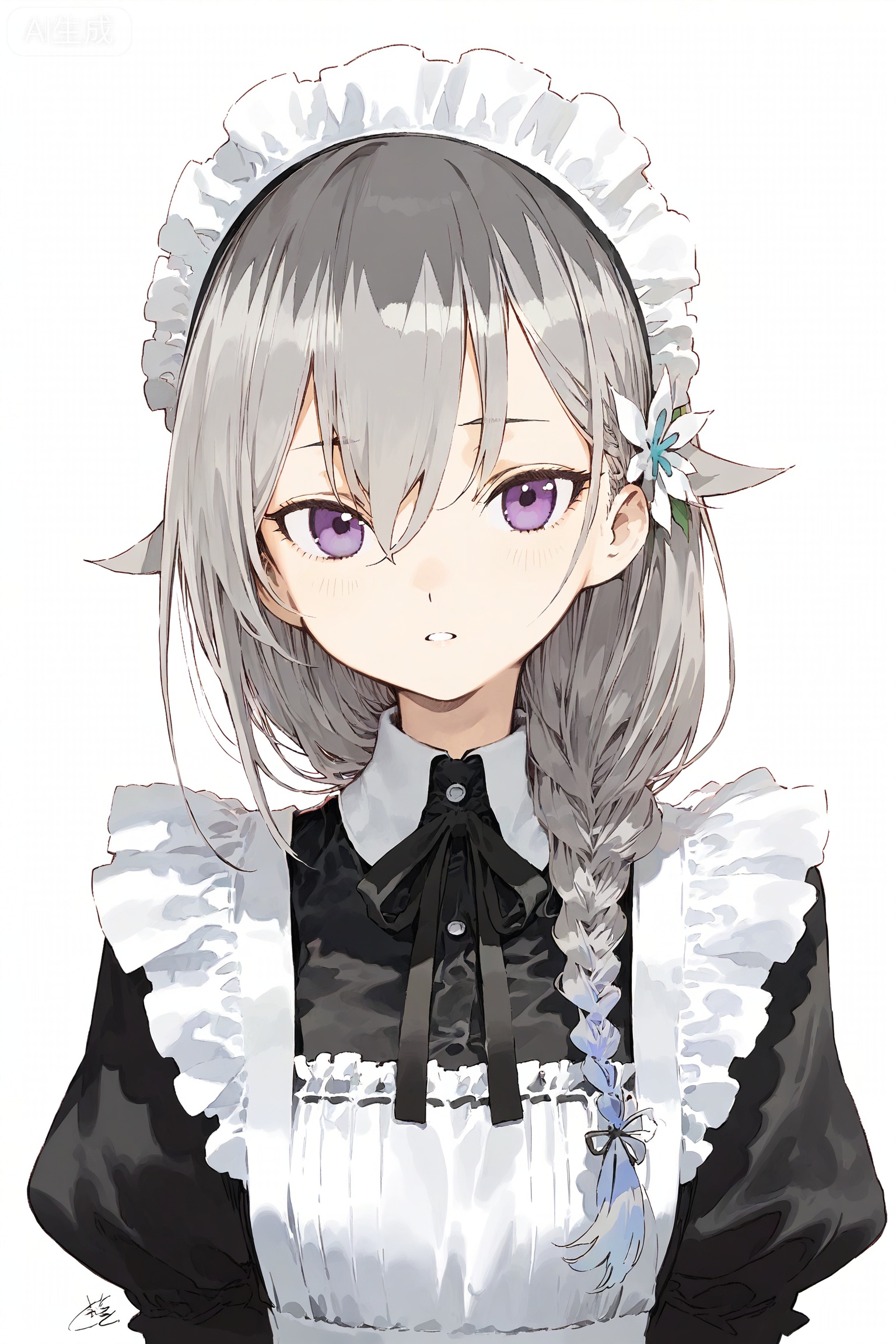 1girl, solo, long hair, looking at viewer, bangs, simple background, hair ornament, white background, dress, purple eyes, upper body, braid, flower, grey hair, multicolored hair, frills, parted lips, signature, apron, maid, maid headdress, maid apron,SharkLJ,(pakosun:0.8), modare, artist: modare, abara heiki, (ciloranko:0.8),
