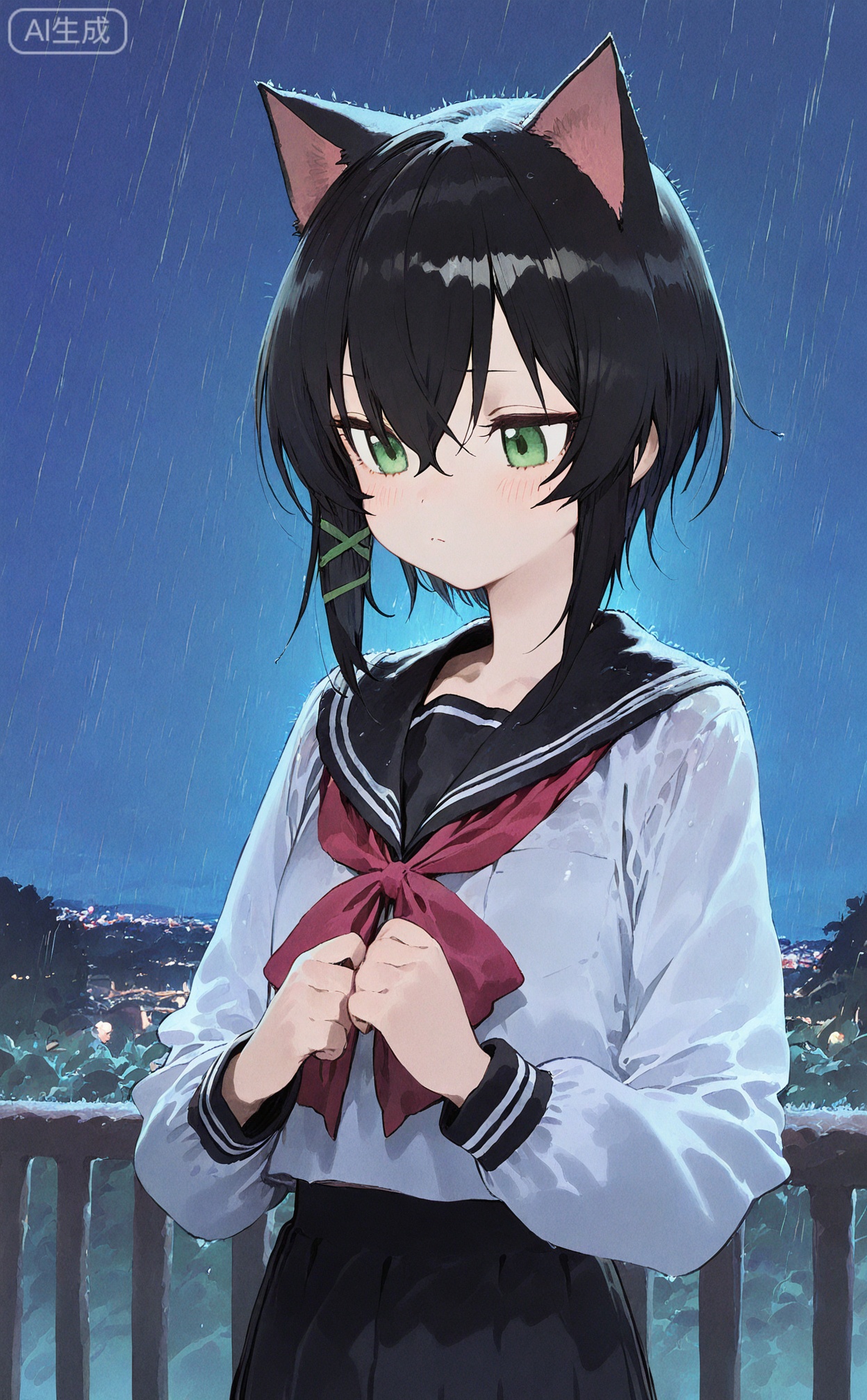 masterpiece,highres,absurdres,newest,best quality,petite,high quality,chromatic_aberration, SharkLJ, 
//,
animal_ears, 1girl, black_hair, sailor_collar, solo, short_hair, cat_ears, school_uniform, serafuku, black_sailor_collar, upper_body, rain, shirt, white_shirt, long_sleeves, night, closed_mouth, scenery, bangs, (pakosun:0.8), modare, artist: modare, abara heiki,
//,
(pakosun:0.8), modare, artist: modare, abara heiki, (ciloranko:0.8), 