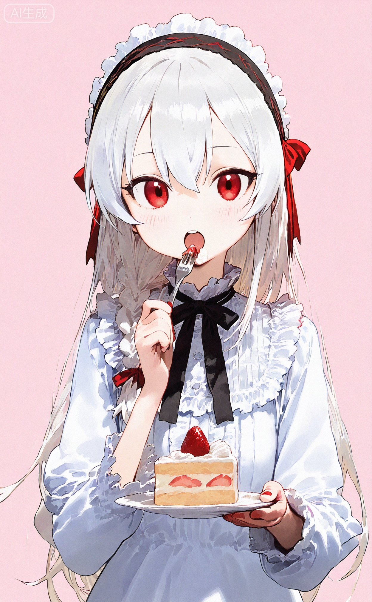 masterpiece,highres,absurdres,newest,best quality,loli,petite,high quality,chromatic_aberration,
SharkLJ, //,
1girl, food, strawberry, fruit, braid, cake, strawberry shortcake, solo, red eyes, fork, plate, lolita hairband, cake slice, holding, white hair, blush, long hair, holding fork, holding plate, looking at viewer, dress, red nails, lolita fashion, open mouth, bow, nail polish, upper body, ribbon, eating, hairband, white dress, single braid, red bow, long sleeves, frills, red ribbon, hair bow, pink background
//,
(pakosun:0.8), modare, artist: modare, abara heiki, (ciloranko:0.8), 