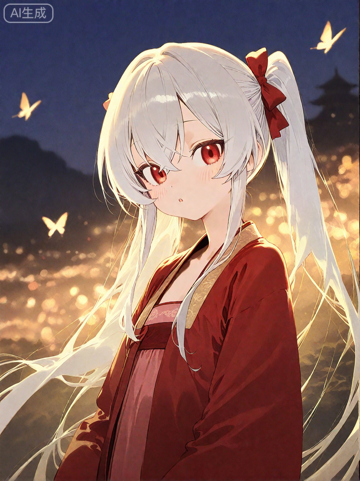 masterpiece,best quality,high quality,loli,chromatic_aberration,//, (pakosun:0.8), modare, abara heiki, (ciloranko:0.8), SharkLJ, night,1girl,solo,long hair,looking at viewer,blush,bangs,red eyes,long sleeves,twintails,very long hair,upper body,white hair,hair bow,parted lips,hanfu,Red Hanfu,blurry,:o,floating hair,depth of field,animal,bug,butterfly,//,//,official art,depth of field,detailed light,blurry background,cinematic lighting,ray tracing,ultra detailed,god rays,backlighting,photo background,film grain,chromatic aberration,volumetric lighting,depth of field,blurry background,shiny skin,floating hair,cinematic lighting,day,very aesthetic, 