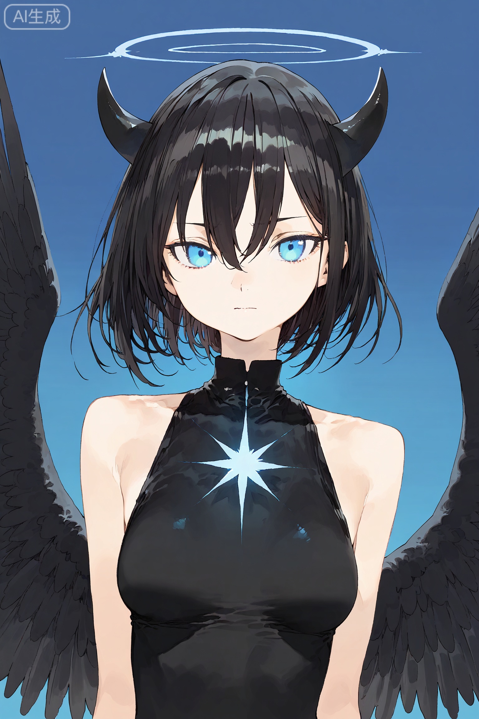 1girl, solo, horns, wings, solo, blue eyes, looking at viewer, black hair, breasts, short hair, upper body, hair between eyes, feathered wings, closed mouth, halo, glowing, bare shoulders, bangs,SharkLJ,(pakosun:0.8), modare, artist: modare, abara heiki, (ciloranko:0.8),