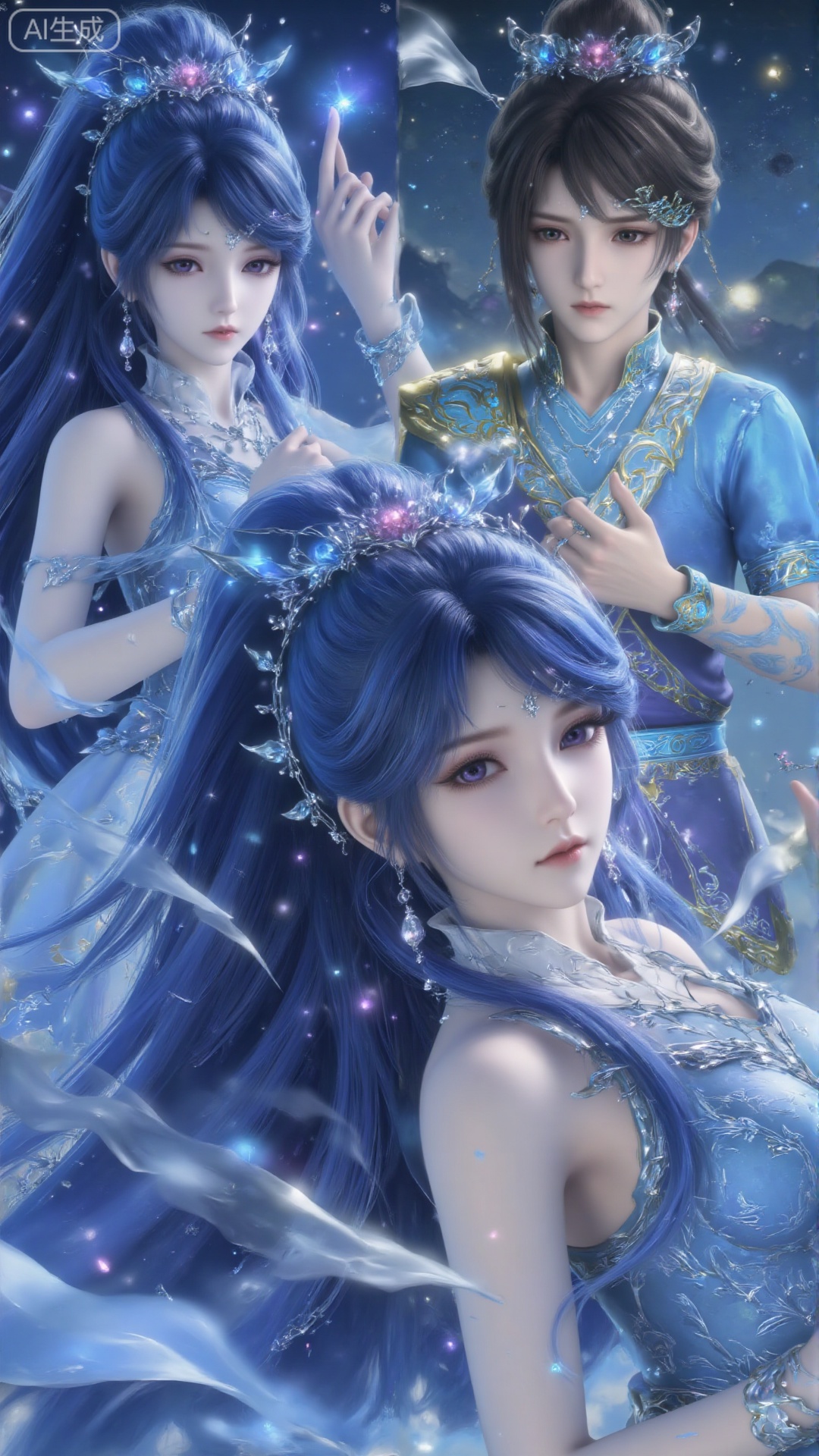 This photo depicts two people lying on the ground, their hair fluttering freely, creating a quiet and ethereal atmosphere. The girl on the left has long blue hair, which is decorated with blue jewels, while the boy on the right has brown hair. Both have a calm and thoughtful expression, staring upward. The background features blue and white swirl patterns, creating a dreamy and mysterious atmosphere. The overall composition is harmonious, and the two characters seem to be in a state of calm and meditation.1 girl（（ solo, long hair, smile, blue eyes, skirt, hair accessories, dress, jewelry, blue hair, ponytail, earrings, bracelets, blue dress, bare shoulders, jewelry, blue hair, ponytail, earrings, bracelets, gems, gem hair clips.））
1 boy（（ brown eyes, jewelry, standing, whole body, male focus, pants, solo, watching the audience, short hair, brown and black hair, male robe, brown eyes, jewelry, watch.））