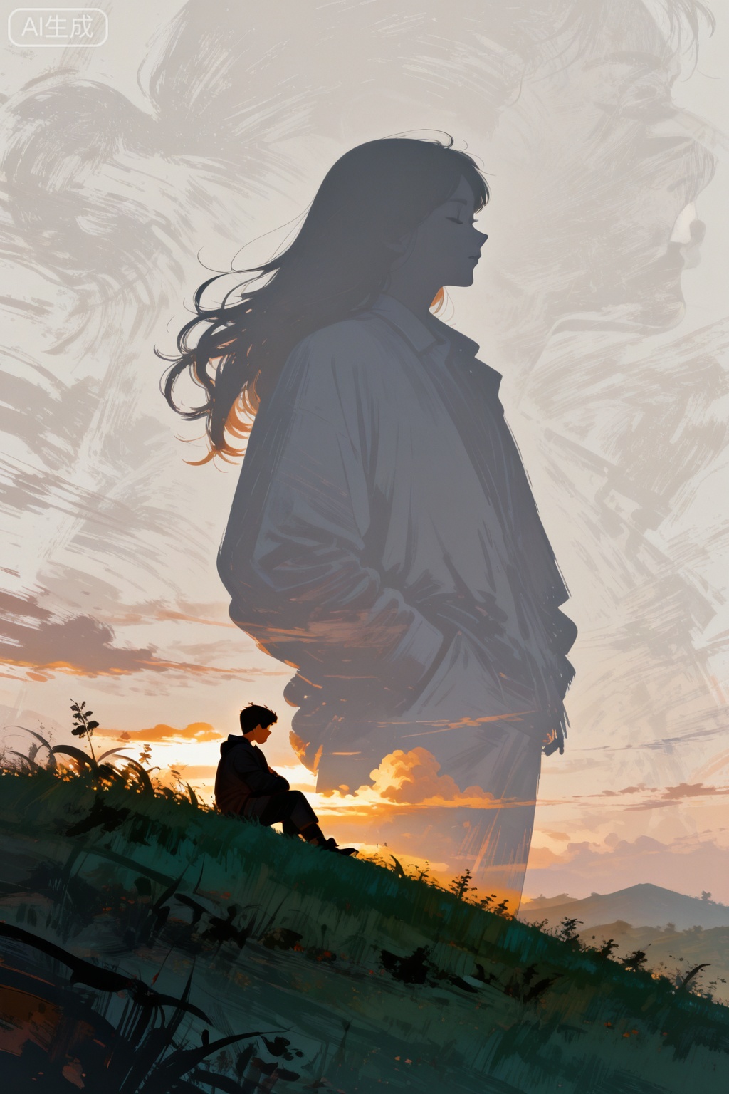 
masterpiece,best quality,good quality,newest,year 2024,year 2023,very aesthetic,absurdres,Visual impact,line art,line style,
ultra-high resolution,32K UHD,sharp focus
(A huge silhouette of a girl in the distance, depicting a flying scene between cities), a boy sleeping in the grass on a nearby hillside,Double exposure,