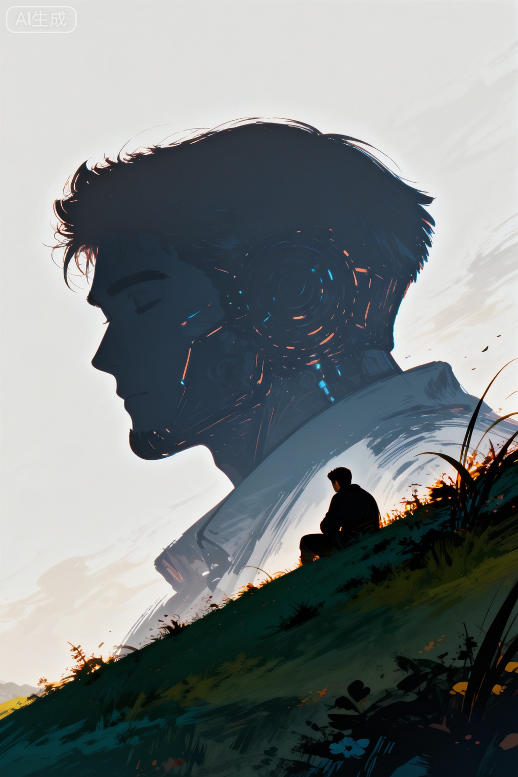 
masterpiece,best quality,good quality,newest,year 2024,year 2023,very aesthetic,absurdres,Visual impact,line art,line style,
ultra-high resolution,32K UHD,sharp focus
(A huge silhouette of a mecha head in the distance,), a boy sleeping in the grass on a nearby hillside,Double exposure,