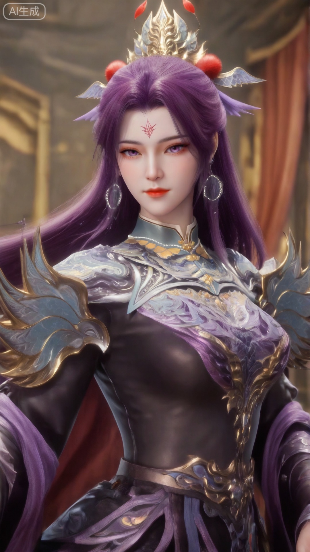 


图片标签1girl
solo
long hair
looking at viewer
hair ornament
dress
jewelry
closed mouth
purple eyes
upper body
purple hair
earrings
armor
facial mark
curtains
forehead mark
