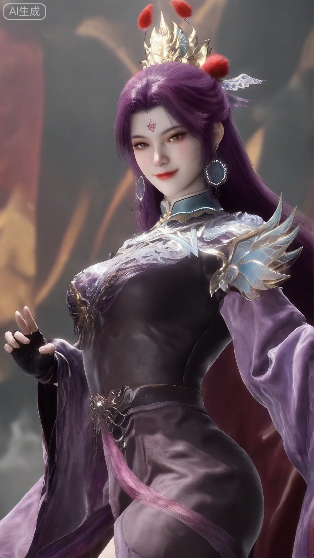 


图片标签1girl
solo
long hair
looking at viewer
smile
hair ornament
gloves
jewelry
upper body
purple hair
earrings
fingerless gloves
facial mark
forehead mark
string
throne
