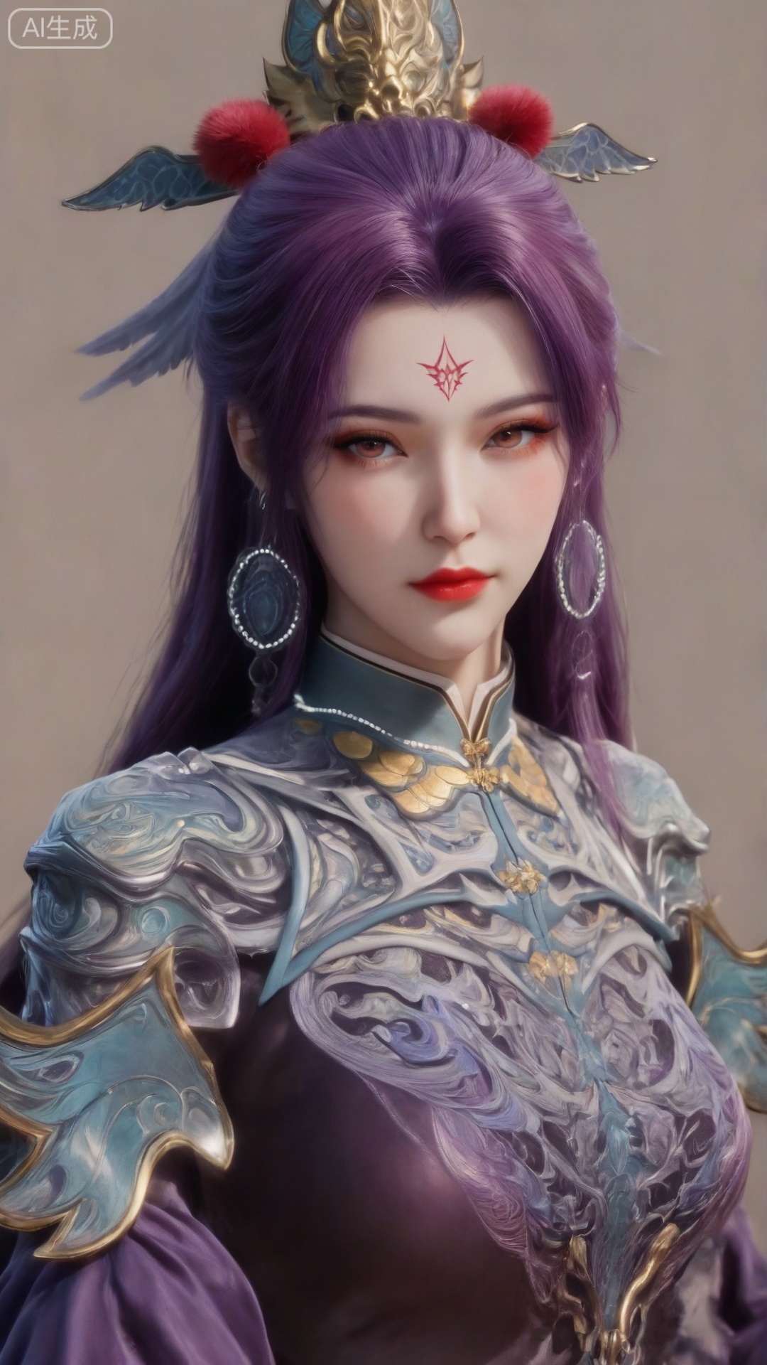1girl
solo
long hair
looking at viewer
hair ornament
jewelry
closed mouth
purple hair
earrings
makeup
facial mark
portrait
forehead mark
red lips
