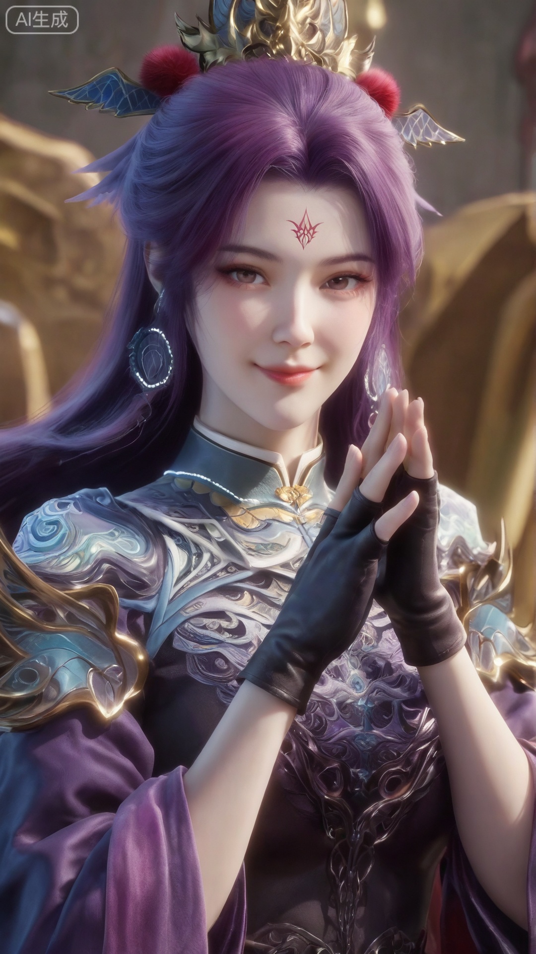 


图片标签1girl
solo
long hair
looking at viewer
smile
hair ornament
gloves
jewelry
upper body
purple hair
earrings
fingerless gloves
facial mark
forehead mark
string
throne
