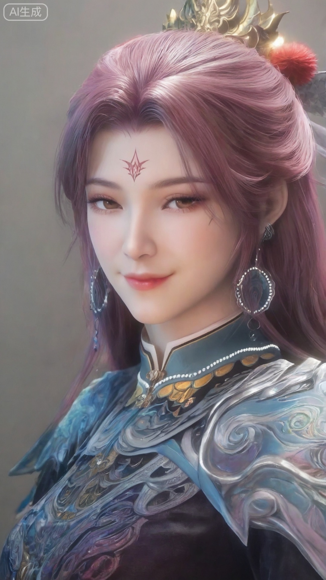 1girl
solo
long hair
looking at viewer
smile
1boy
brown eyes
jewelry
closed mouth
upper body
earrings
facial mark
i