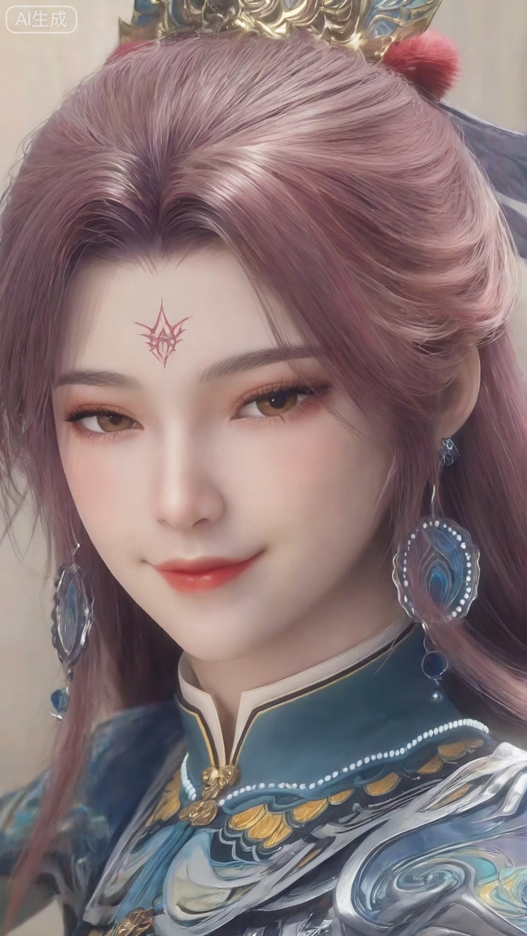 1girl
solo
long hair
looking at viewer
smile
1boy
brown eyes
jewelry
closed mouth
upper body
earrings
facial mark
i