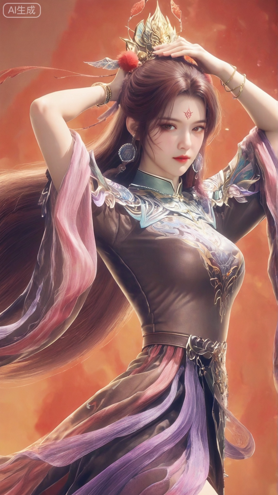 


图片标签1girl
solo
long hair1girl
solo
long hair
brown hair
hair ornament
dress
jewelry
closed mouth
upper body
earrings
arm up
bracelet
facial mark
chinese clothes
forehead mark
hand on own head
