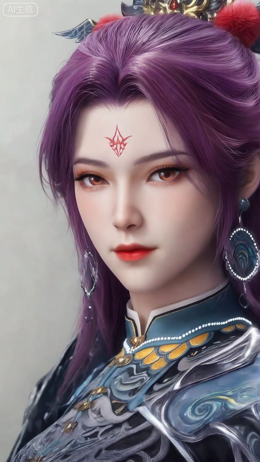 1girl
solo
long hair
looking at viewer
hair ornament
jewelry
closed mouth
purple hair
earrings
makeup
facial mark
portrait
forehead mark
red lips
