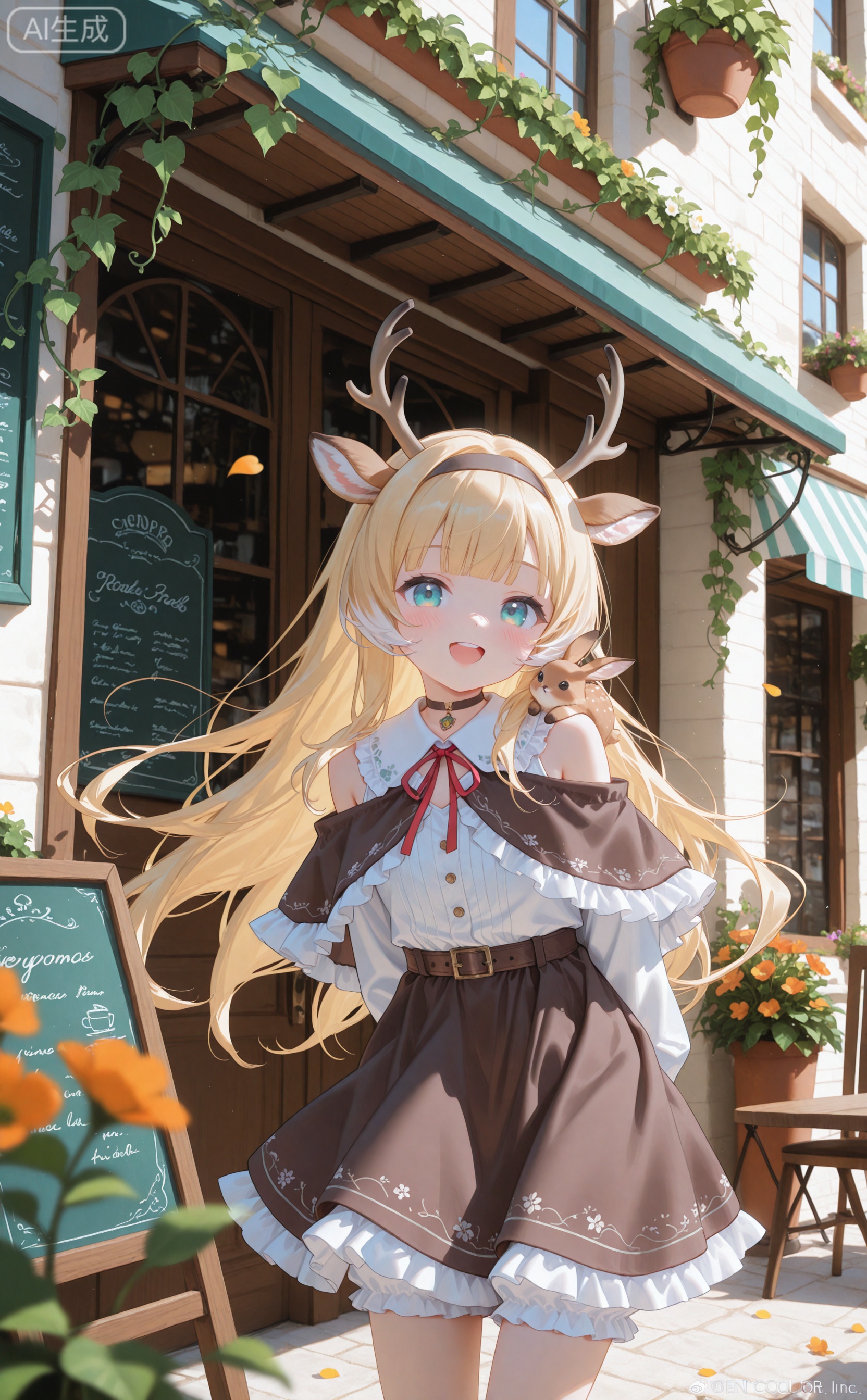 masterpiece,absurdres,best quality,loli,petite,high quality,chromatic_aberration,//,1girl, antlers, horns, capelet, neck ribbon, solo, deer ears, flower, long hair, animal ears, blonde hair, plant, looking at viewer, smile, frills, ribbon, white flower, door, open mouth, white shirt, shirt, arms behind back, red ribbon, outdoors, green eyes, window, black capelet, yellow flower, petals, table, chair, skirt, falling petals, day, standing, shop, brown capelet, storefront, :d, reindeer antlers, vines, shorts, cowboy shot, white skirt, rabbit ears, upper teeth only, deer antlers, teeth, dress, hanging plant, white shorts, virtual youtuber, frilled capelet, orange flower, potted plant, frilled shorts, frilled skirt, ivy, blurry, deer girl, very long hair, watermark, building, bloomers, fur-trimmed capelet, gloves, collar, sunlight, hairband, blush, sign, brown skirt, buttons, leaning forward, frilled collar, cafe, leaf, artist name, black gloves, menu board, floating hair, animal on shoulder, sleeveless, long sleeves, blunt bangs, white dress, depth of field, belt, collared shirt, blurry foreground, blue eyes, multicolored hair, choker, scenery, brown shorts, aqua eyes, dappled sunlight, bare shoulders, fur trim
