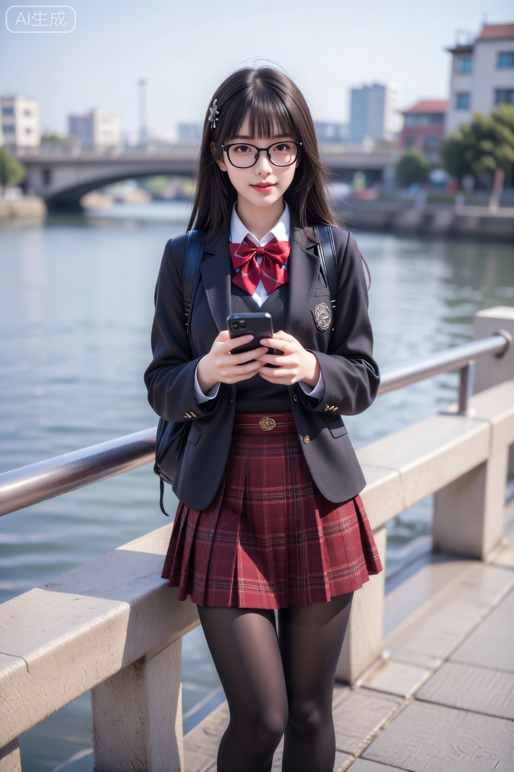 图片记录了身着学院风制服的女性在户外的场景。黑框眼镜与红色蝴蝶结领带衬托出文静气质,酒红色格纹短裙与黑色丝袜搭配双肩包,彰显日系休闲风格。她手持手机站立桥边,背景的水面、远桥与岸边建筑构成宁静的城市景观。居中构图突出人物主体,整体氛围轻松自然,仿佛捕捉了日常出行中的片刻闲暇。

