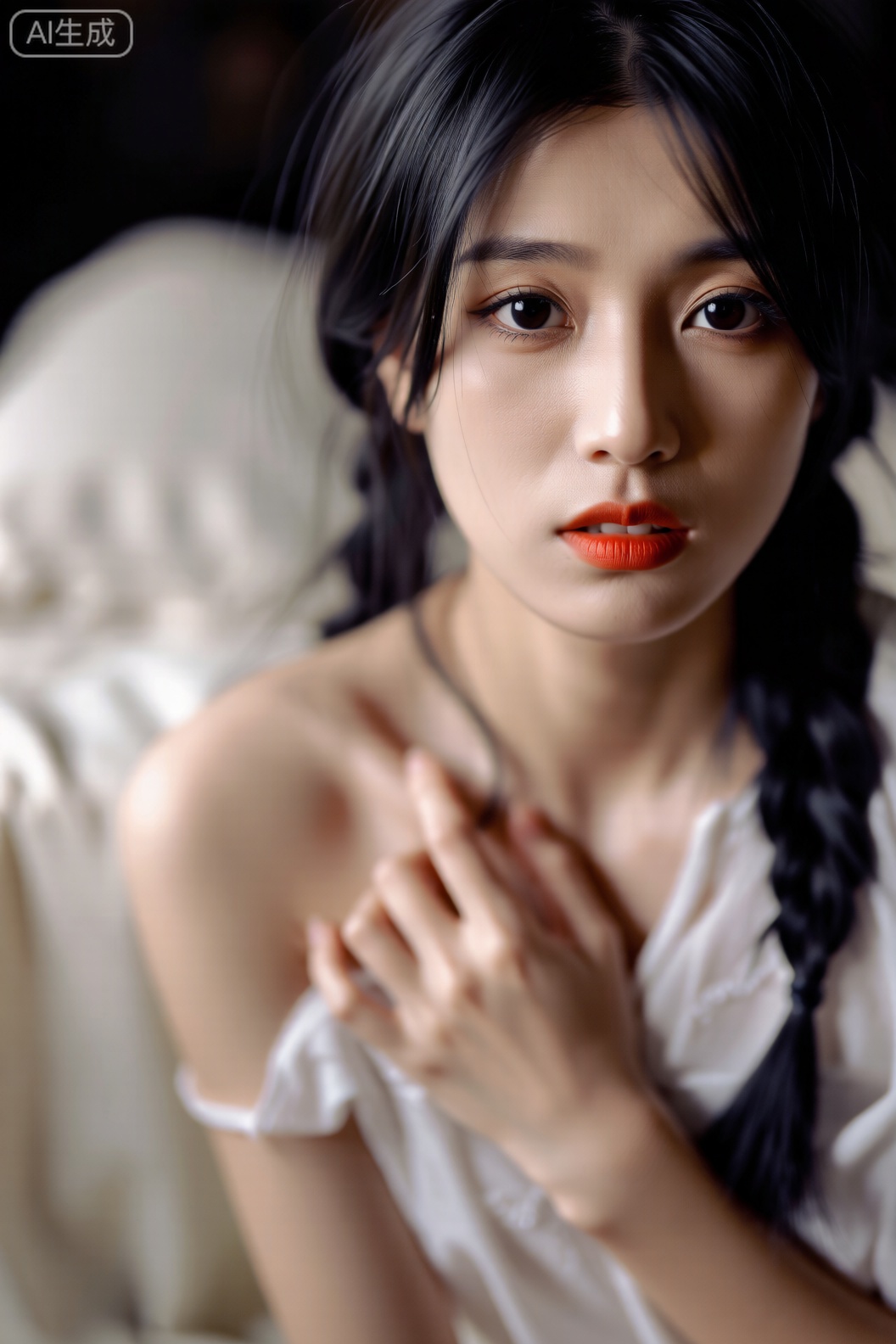 这是一张突出面部表情与肢体语言的特写照片。女性乌黑长发中编入一缕辫子,精致眼妆与橘红色唇妆形成鲜明对比。她以食指与中指轻触锁骨的微妙动作,结合直视镜头的平静表情,传递出含蓄的暗示性。背景虚化的浅色织物与柔光效果聚焦于人物白皙肤色,暗角处理进一步强化了画面的私密氛围与情绪张力。






