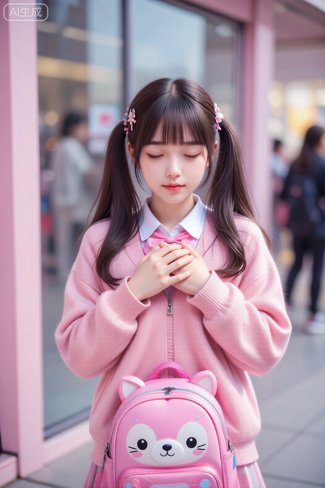 全身粉色的女孩闭目双手交叠胸前,呈现出乖巧宁静的姿态。双马尾与发卡点缀出少女感,身前放置的粉色卡通书包带有动物耳朵造型,充满童趣。背景的玻璃门与模糊人影暗示了公共场所的环境,但明亮的光线和统一的粉色调成功剥离了杂乱,突出人物天真烂漫的气质,画面如同糖果般甜美。





