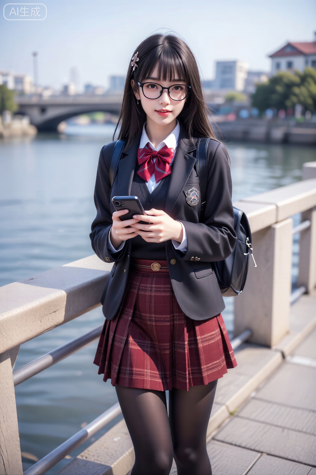 图片记录了身着学院风制服的女性在户外的场景。黑框眼镜与红色蝴蝶结领带衬托出文静气质,酒红色格纹短裙与黑色丝袜搭配双肩包,彰显日系休闲风格。她手持手机站立桥边,背景的水面、远桥与岸边建筑构成宁静的城市景观。居中构图突出人物主体,整体氛围轻松自然,仿佛捕捉了日常出行中的片刻闲暇。

