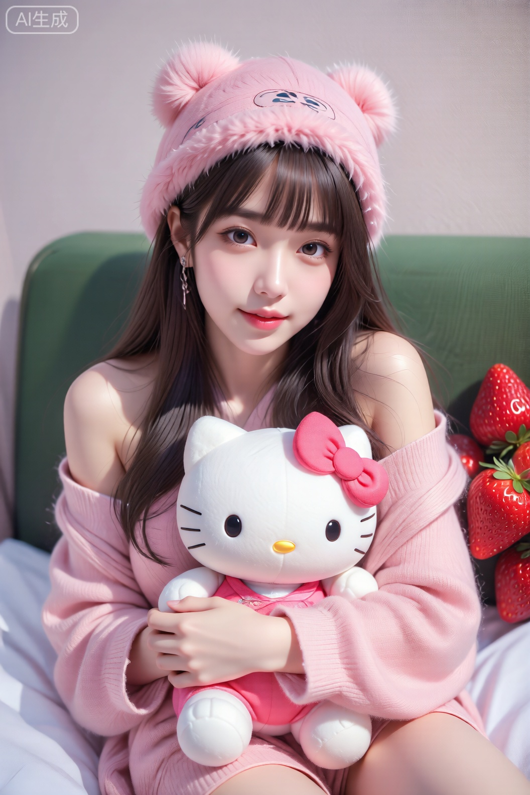 头戴粉色毛绒帽的女性怀抱白色Hello Kitty玩偶,营造出温暖柔软的视觉感受。露肩上衣与玩偶的粉色包裹物色彩呼应,右侧鲜红草莓为画面注入鲜活点缀。绿色座椅靠背与浅色墙面形成柔和对比,所有元素共同强化了甜美治愈的主题,仿佛冬日中温馨的休闲片段。

