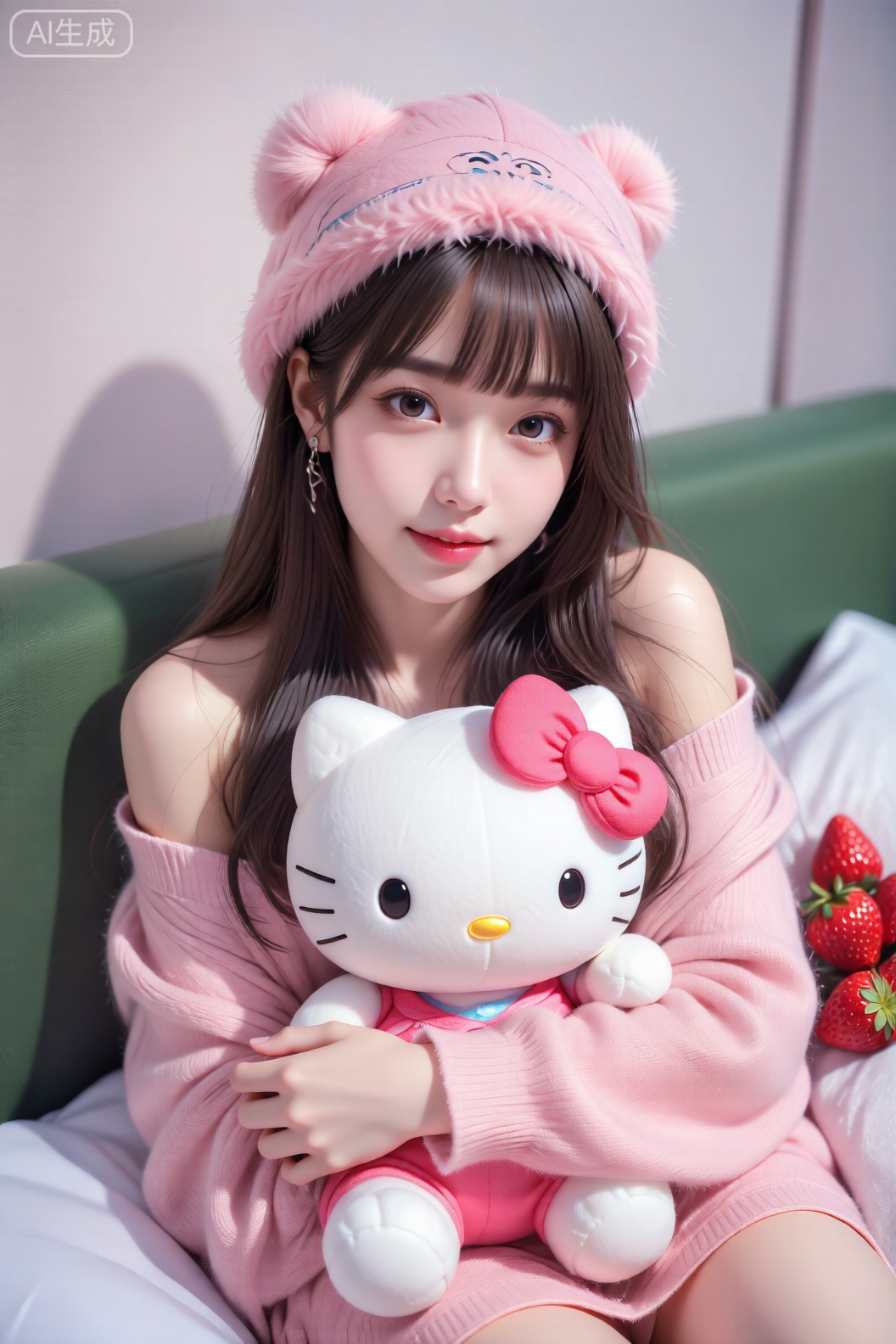头戴粉色毛绒帽的女性怀抱白色Hello Kitty玩偶,营造出温暖柔软的视觉感受。露肩上衣与玩偶的粉色包裹物色彩呼应,右侧鲜红草莓为画面注入鲜活点缀。绿色座椅靠背与浅色墙面形成柔和对比,所有元素共同强化了甜美治愈的主题,仿佛冬日中温馨的休闲片段。

