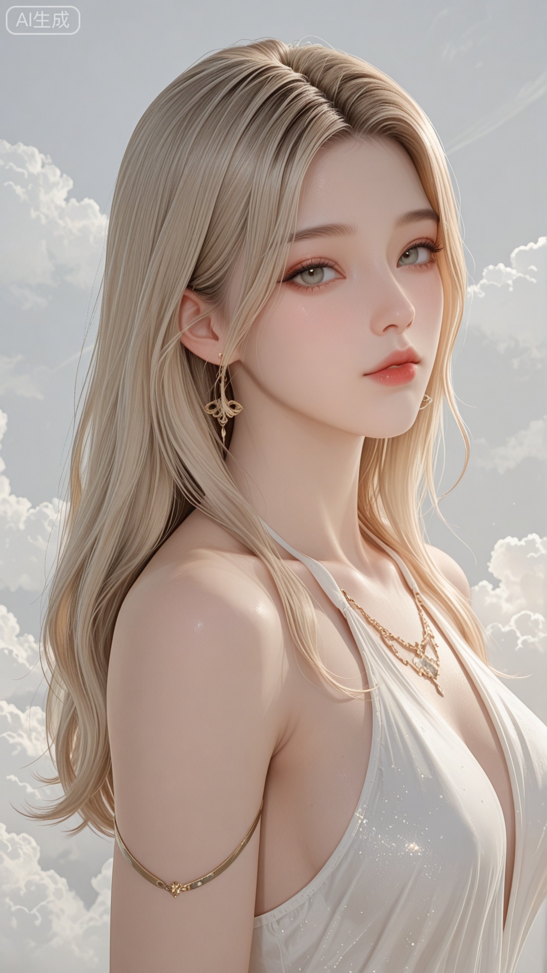 1girl, solo, exquisite skin, upper_body, looking at viewer, even illumination, very awa, Solid Glossy and cloud background,