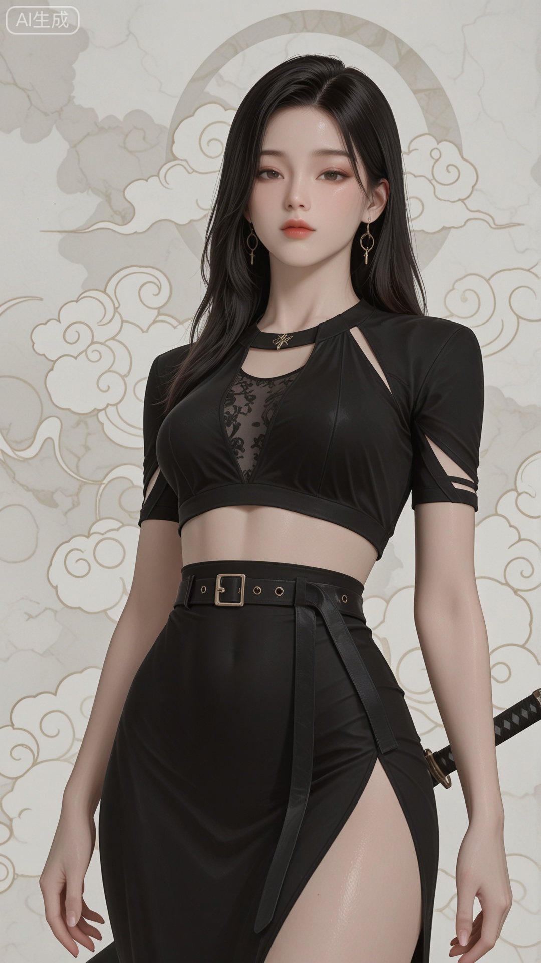 CTSD clothes, black crop top, black sheath dress, solo, exquisite skin, standing, looking at viewer, even illumination, very awa, Solid Glossy and cloud background,