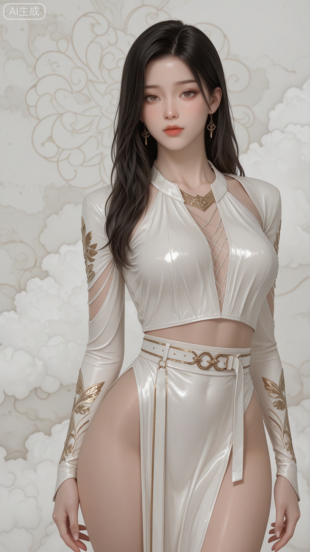 CTSD clothes, solo, exquisite skin, standing, cowboy_shot, looking at viewer, even illumination, very awa, Solid Glossy and cloud background,