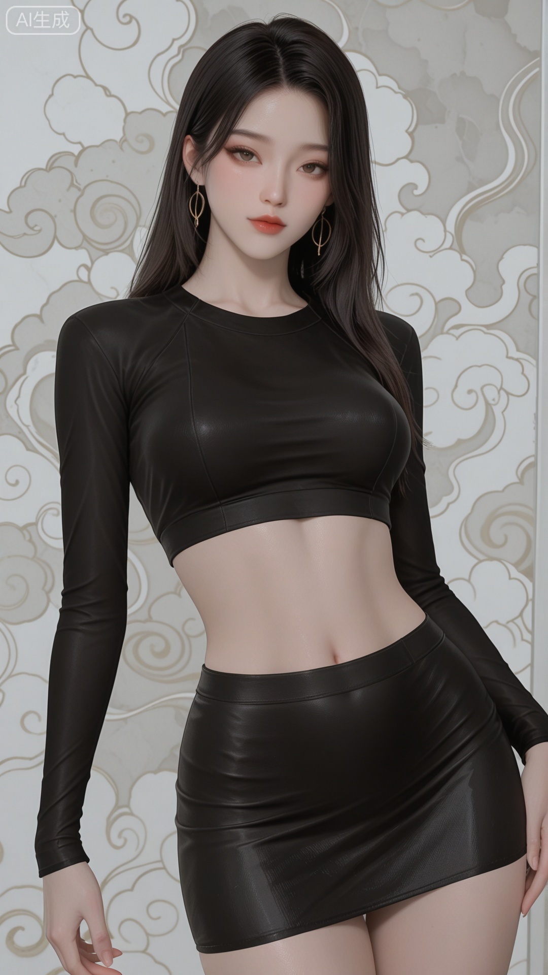 black crop top, black bodycon skirt, solo, exquisite skin, standing, cowboy_shot, looking at viewer, even illumination, very awa, Solid Glossy and cloud background,