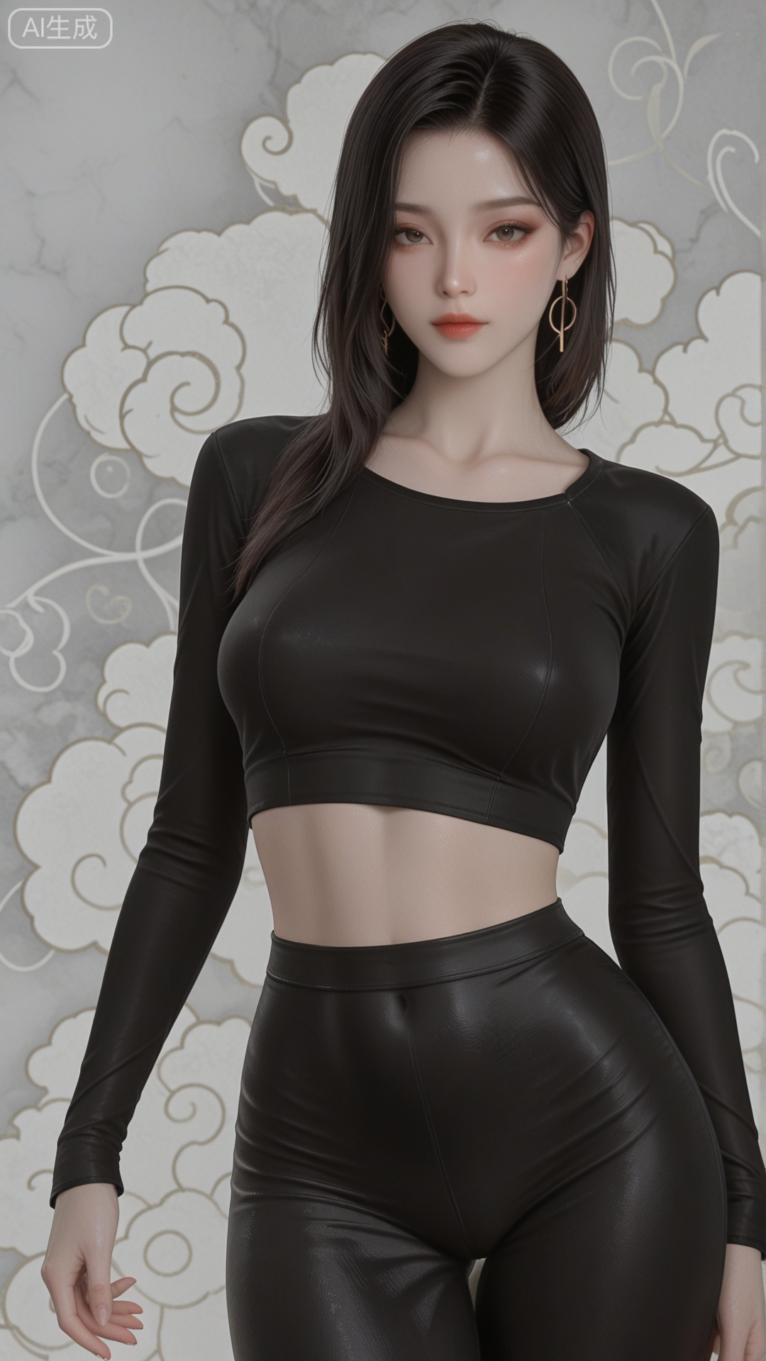 CTSD clothes, black crop top, black bodycon, solo, exquisite skin, standing, looking at viewer, even illumination, very awa, Solid Glossy and cloud background,