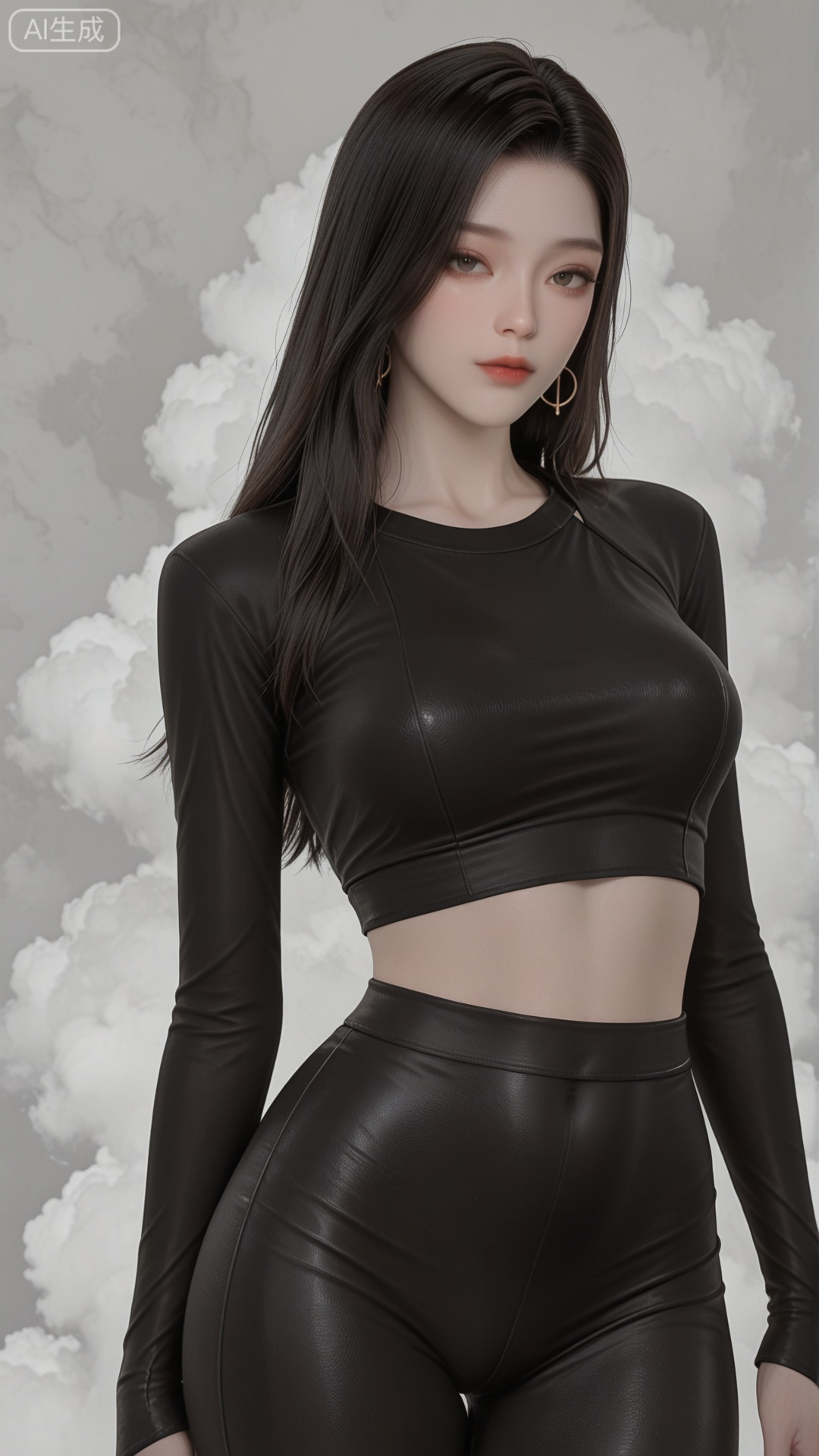 LL clothes, black crop top, black bodycon, solo, exquisite skin, standing, looking at viewer, even illumination, very awa, Solid Glossy and cloud background,