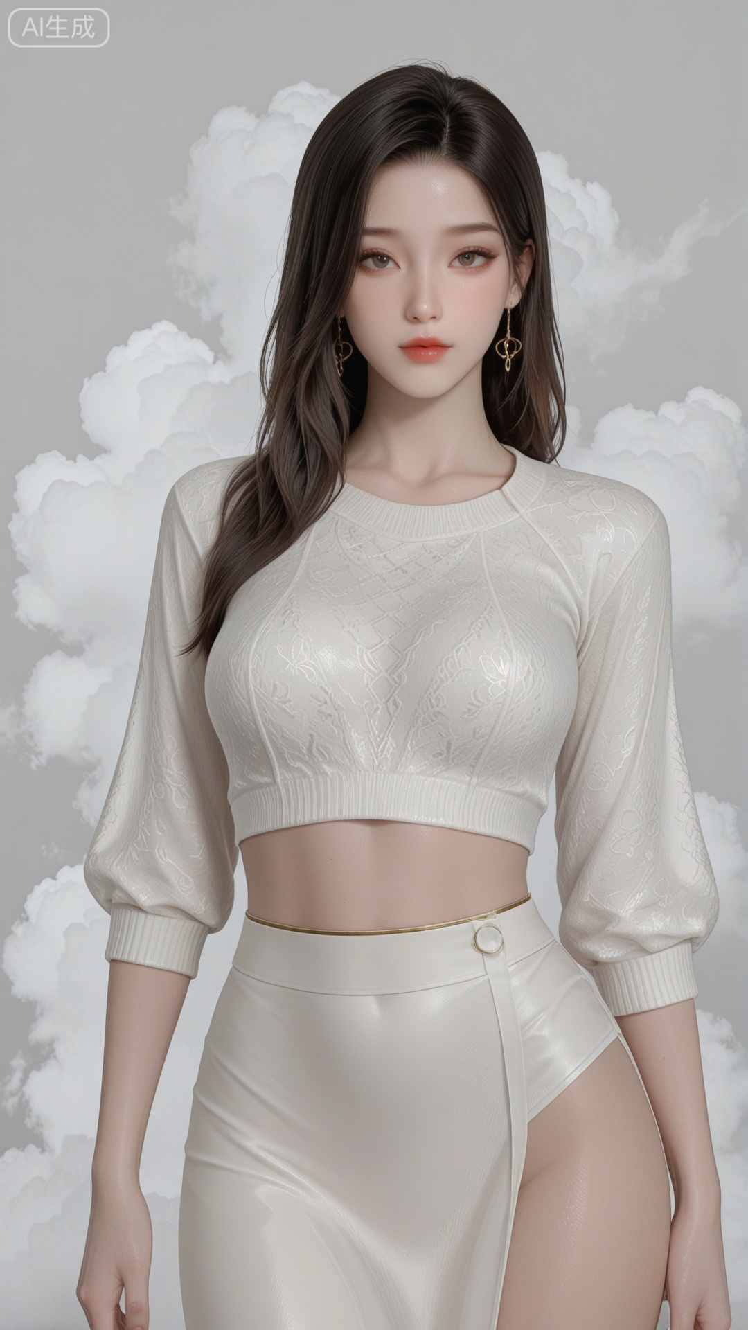 LL clothes, solo, exquisite skin, standing, looking at viewer, even illumination, very awa, Solid Glossy and cloud background,