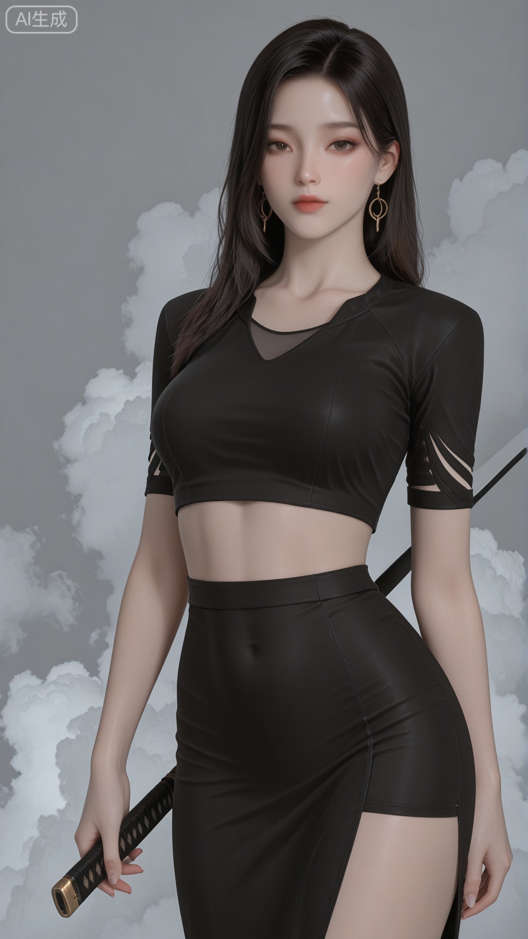 CTSD clothes, black crop top, black sheath dress, solo, exquisite skin, standing, looking at viewer, even illumination, very awa, Solid Glossy and cloud background,