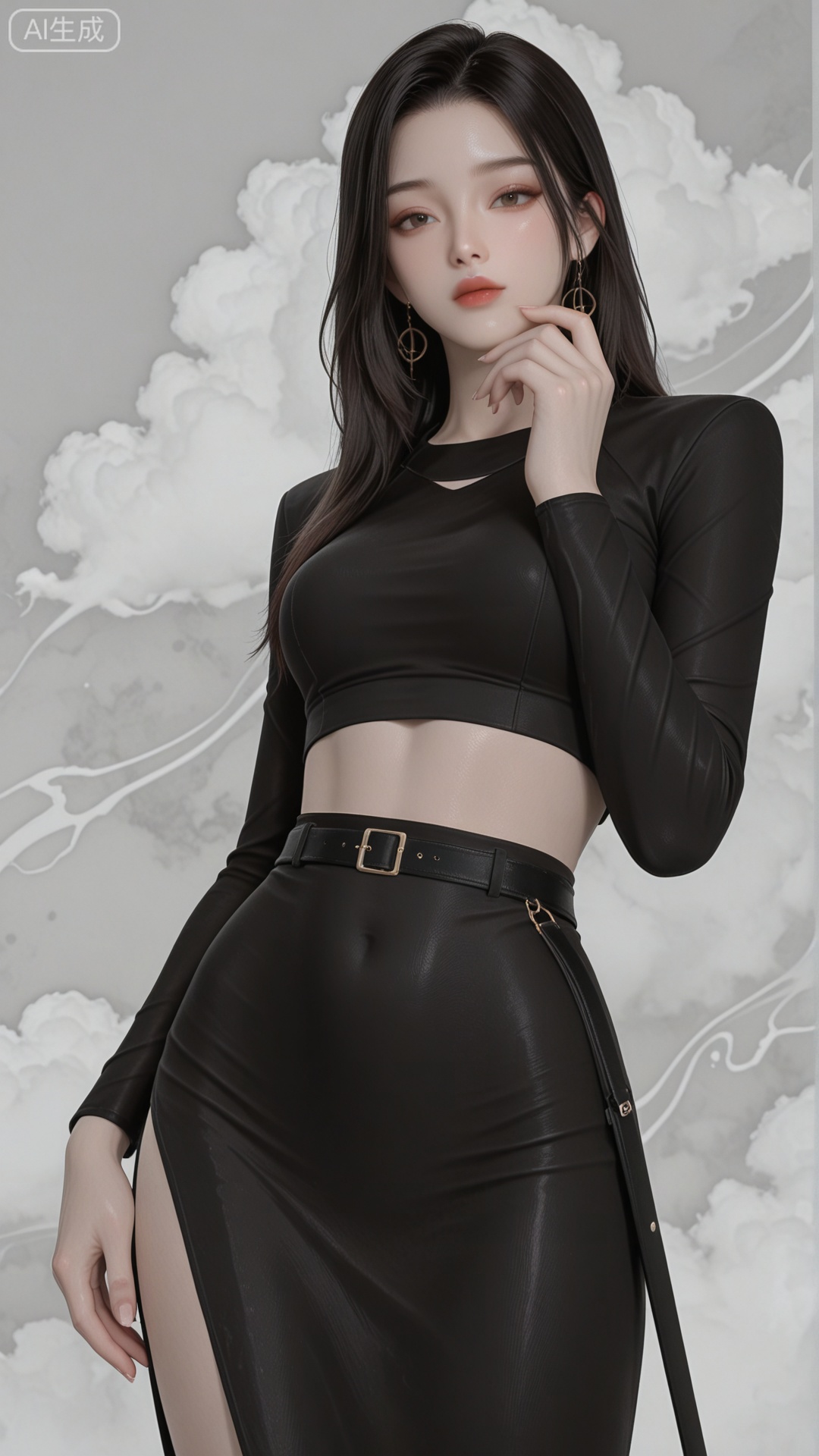 LL clothes, black crop top, black sheath dress, solo, exquisite skin, standing, looking at viewer, even illumination, very awa, Solid Glossy and cloud background,