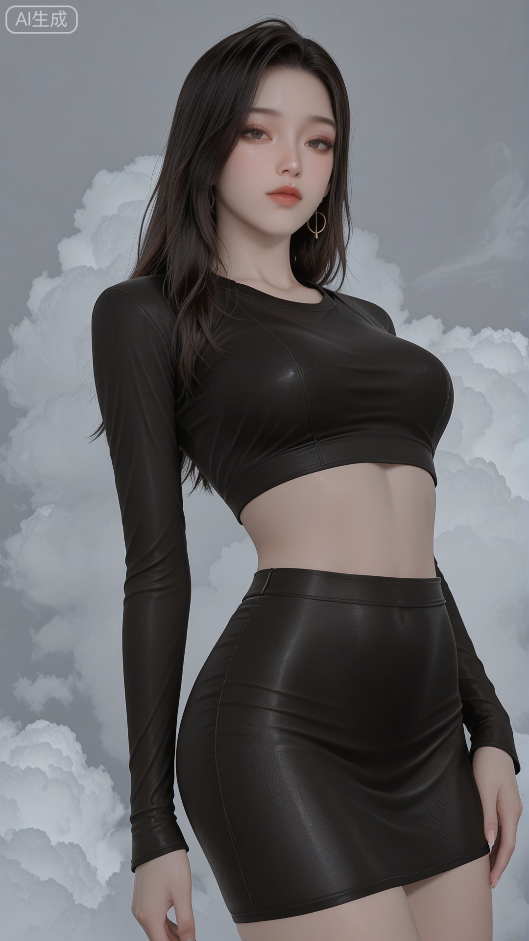 black crop top, black bodycon skirt, solo, exquisite skin, standing, cowboy_shot, looking at viewer, even illumination, very awa, Solid Glossy and cloud background,