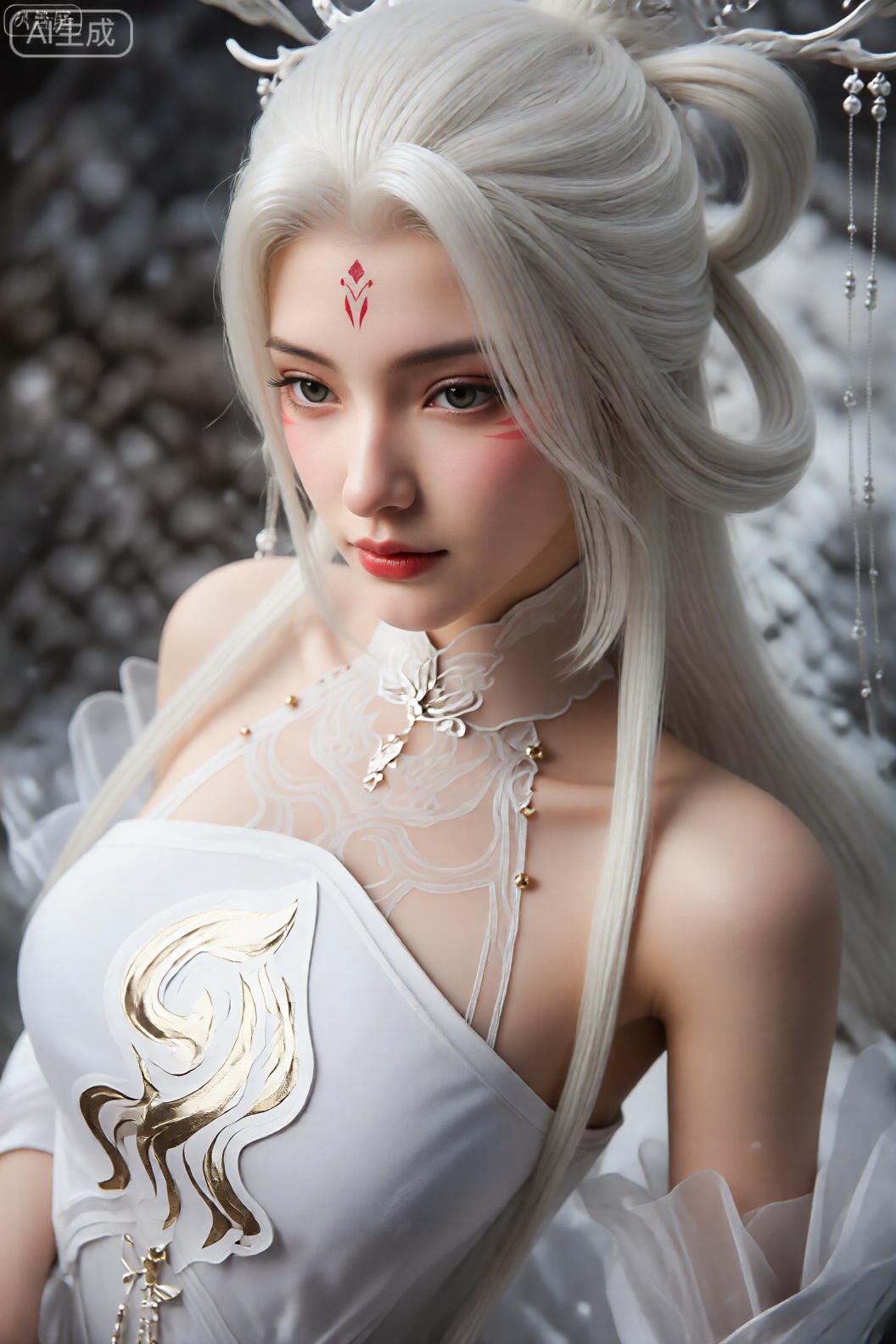 这张照片上的人物有一头长长的、飘逸的白发,有着柔软的波浪和卷发。头发上装饰着精致的银色发夹,上面有悬垂的珠子和复杂的设计。此人拥有引人注目的透明皮肤,脸颊上有淡淡的红晕,左眉毛上方的前额上有一个红色的小花卉纹身。眼睛大而富有表情,目光柔和,嘴唇涂成鲜红色。 这件衣服是一件白色的、飘逸的衣服,带有透明的蕾丝纹理。这件衣服饰有复杂的旋转金色图案,类似于花卉或抽象设计。衣服的肩带细细而精致,领口处挂着小金珠。背景模糊,深色和浅色混合,暗示着自然的、可能下雪或有雾的环境。整体美感优雅超凡脱俗,注重精致的细节和宁静、神秘的氛围。