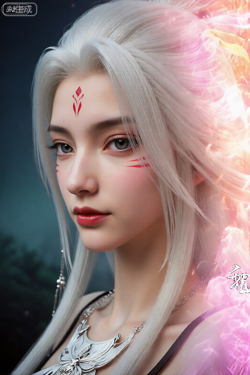 美颜,皮肤质感水润光滑年轻,去AI 感,
图像显示了一个有着长长的、飘逸的白发的人物的特写。该角色肤色苍白,涂着红色口红。他们的额头上,有着一道红色的火焰般的印记,两条红线从眼眸中延伸出来。该角色佩戴一条带有蝴蝶吊坠的银项链。背景是深色和浅色区域的混合,右侧明亮多彩,具有发光、空灵的效果,具有粉色和橙色色调以及黄色翼状符号。背景的左侧更暗,更像森林。图像右侧有汉字文字,这似乎是设计的一部分。整体美学以奇幻为主题,重点关注角色的详细外观和充满活力、超凡脱俗的背景。