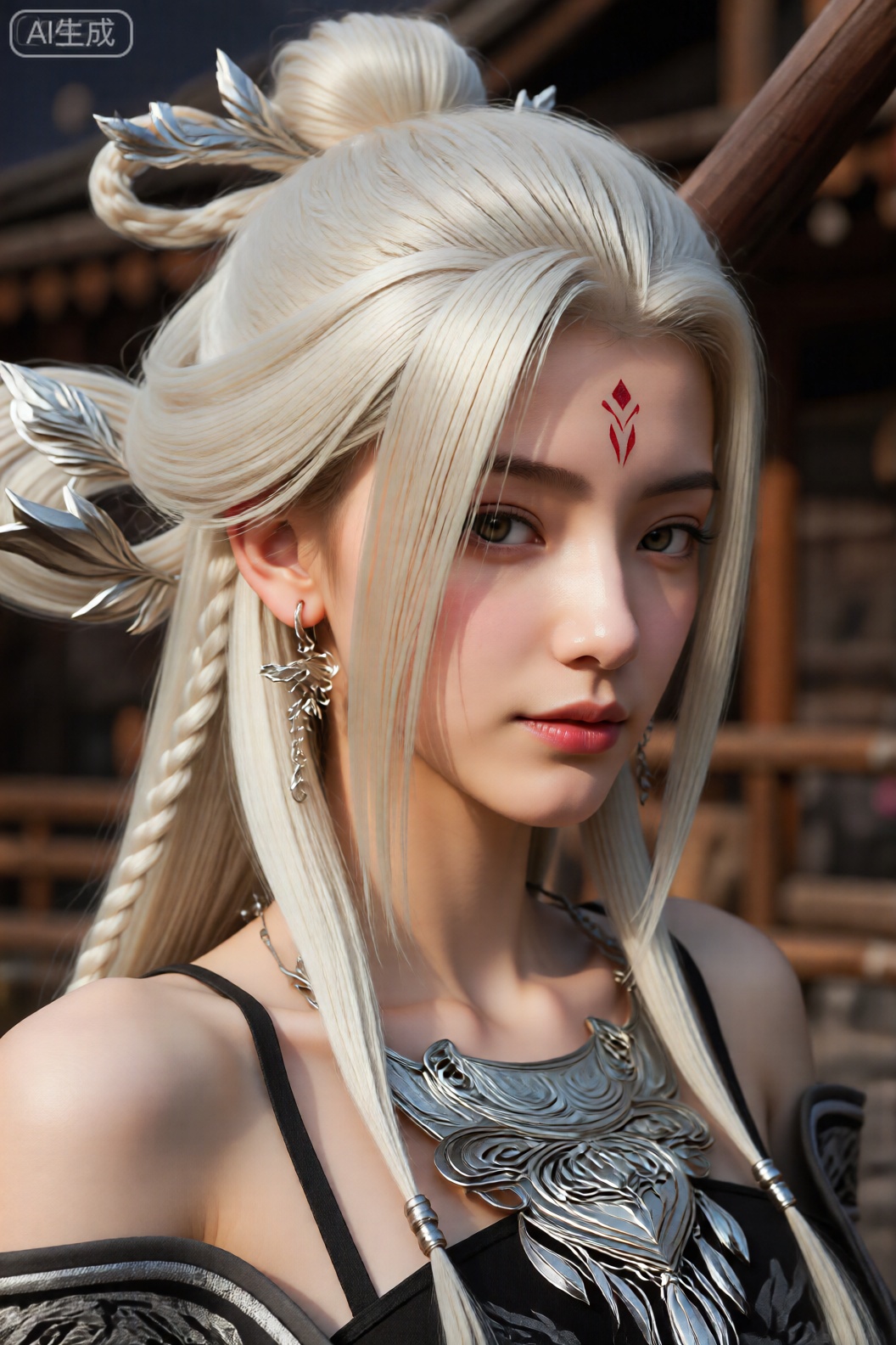 这张照片上的人物有一头白金金色的长发,扎成高马尾辫,辫子部分垂下来。头发上装饰着银色的叶形配饰。该人的额头上有一个红色标记,类似于传统的符号或纹身。他们戴着精致的银耳环和设计复杂的精致银项链。此人穿着带有银色装饰的黑色服装。背景似乎是一个带有木结构和模糊元素的户外环境,暗示着乡村或传统的环境。 