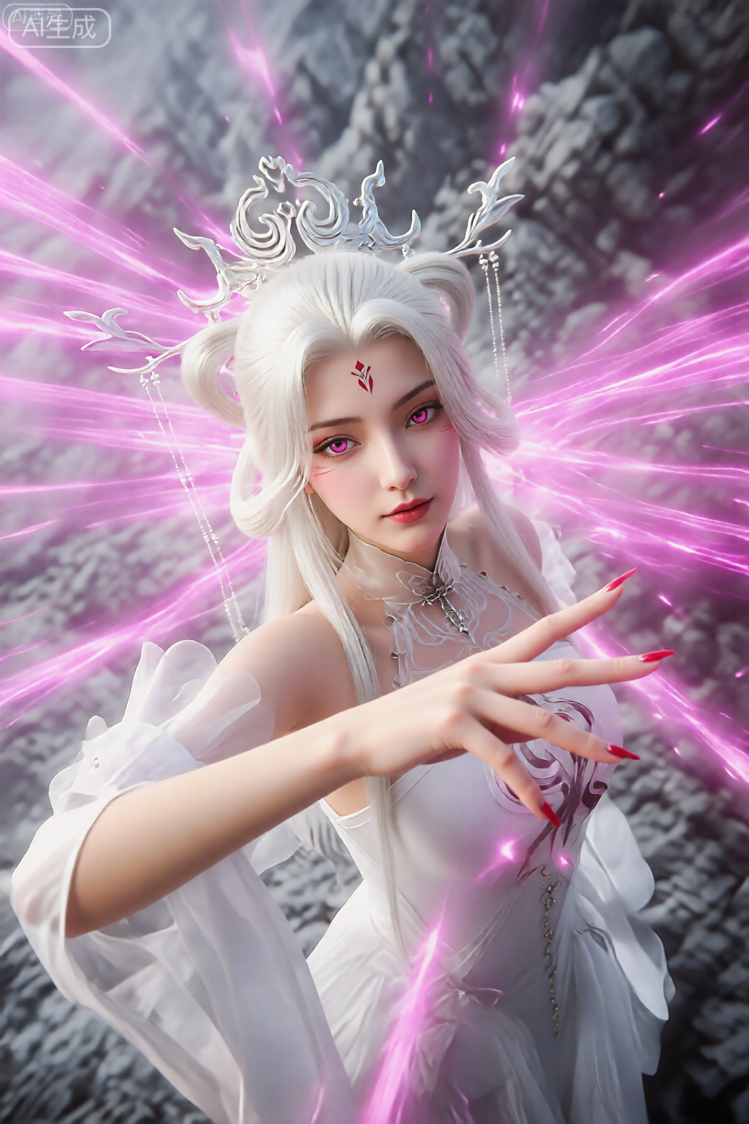 美颜,皮肤质感水润光滑年轻,去AI 感,
该图像的特征是一个数字渲染的角色,拥有长而飘逸的白发和引人注目的粉红色眼睛。该角色戴着设计复杂的华丽银冠和精致的十字项链。她的服装看起来是一件白色的优雅连衣裙,质地透明、飘逸。她的指甲涂成鲜红色,单臂向前伸出,散发出明亮、充满活力的粉色能量束向外辐射,营造出动感而有力的视觉效果。背景是一片模糊的岩石景观,带有灰色和白色的色调,与角色和能量束的鲜艳色彩形成鲜明对比。整个场景充满戏剧性和奇幻色彩,强调了角色的魔法或超自然能力。