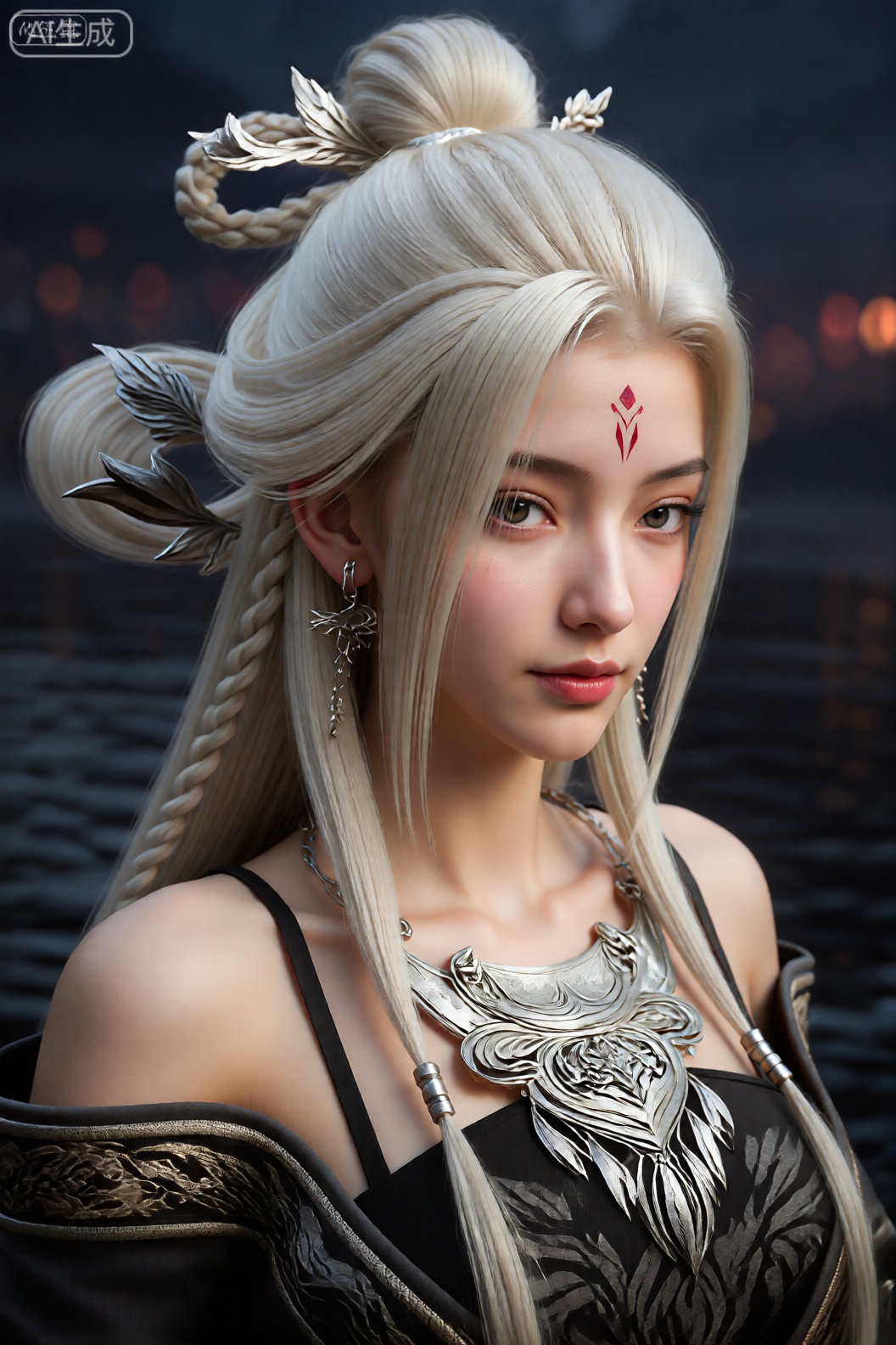 该图像描绘了一位高度细致的数字渲染女性形象,她有一头白金长发,盘成精致的高髻,配有复杂的辫子和带有金属和叶状元素的装饰假发。她有着引人注目的特征,包括充满表情的大眼睛和柔和的目光、精致的小鼻子和饱满的粉红色嘴唇。她的额头、眉毛之间有一个红色的几何纹身。 她戴着华丽的珠宝：一条大银项链,上面有复杂的、可能是部落或幻想风格的设计,包括一个类似面具或脸的中心图案。她的耳朵上装饰着多个银耳环,包括一个长而悬垂的耳环和较小的耳钉。 她的服装是一件无袖上衣,底色为黑色,边缘有金色刺绣图案,让人联想到幻想或历史风格的服装。背景模糊,呈现出黑暗的、可能是夜间的环境,并带有温暖、发光的灯光,形成了鲜明的对比,突出了人物的特征和服装。整体美感空灵而超凡脱俗,对纹理和灯光的细节一丝不苟。