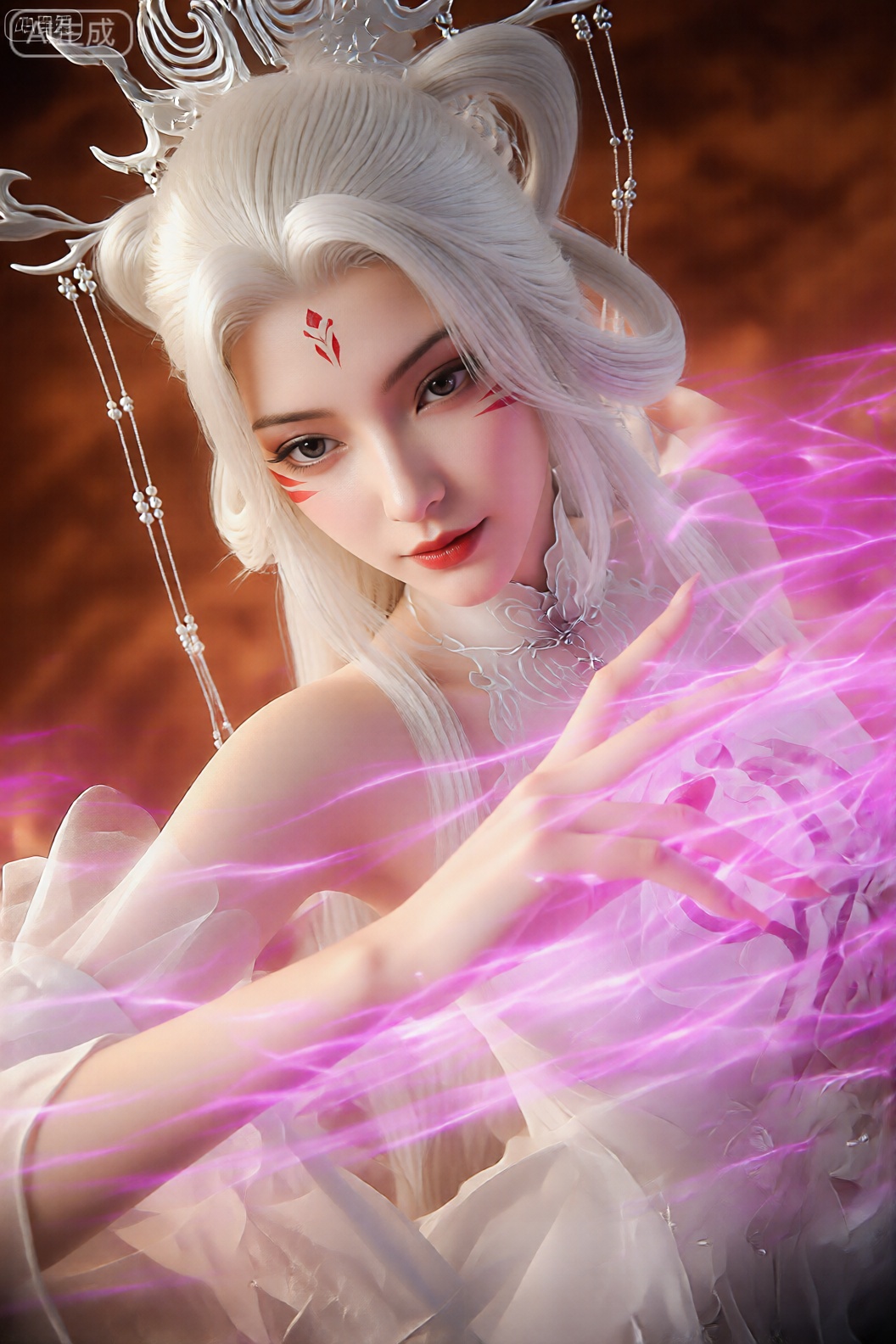 该图像描绘了一个有着长长的、飘逸的白发的角色,上面装饰着精致的羽毛状配饰和细细的串珠链。她的脸被柔软、稀疏的发丝所包围,她的外表引人注目：额头眉毛之间有一个红色的火焰状小标记,红色图案突出了她的眼睛和脸颊。她的眼睛很大,表情丰富,目光温柔而专注,嘴唇涂成鲜红色。 她穿着一件透明的白色服装,看起来很飘逸,有多层面料和复杂的细节,包括高领和肩部的流苏。她的右臂向前伸展,手指微微张开,充满活力的、旋转的粉紫色能量——就像发光的蛇形丝带——从她的手中散发出来,卷曲缠绕在她的手臂上。背景是温暖、火热的橙棕色渐变,与她苍白的五官和能量的冷色调形成动态对比。整体构图传达出一种神奇的力量和优雅的感觉。