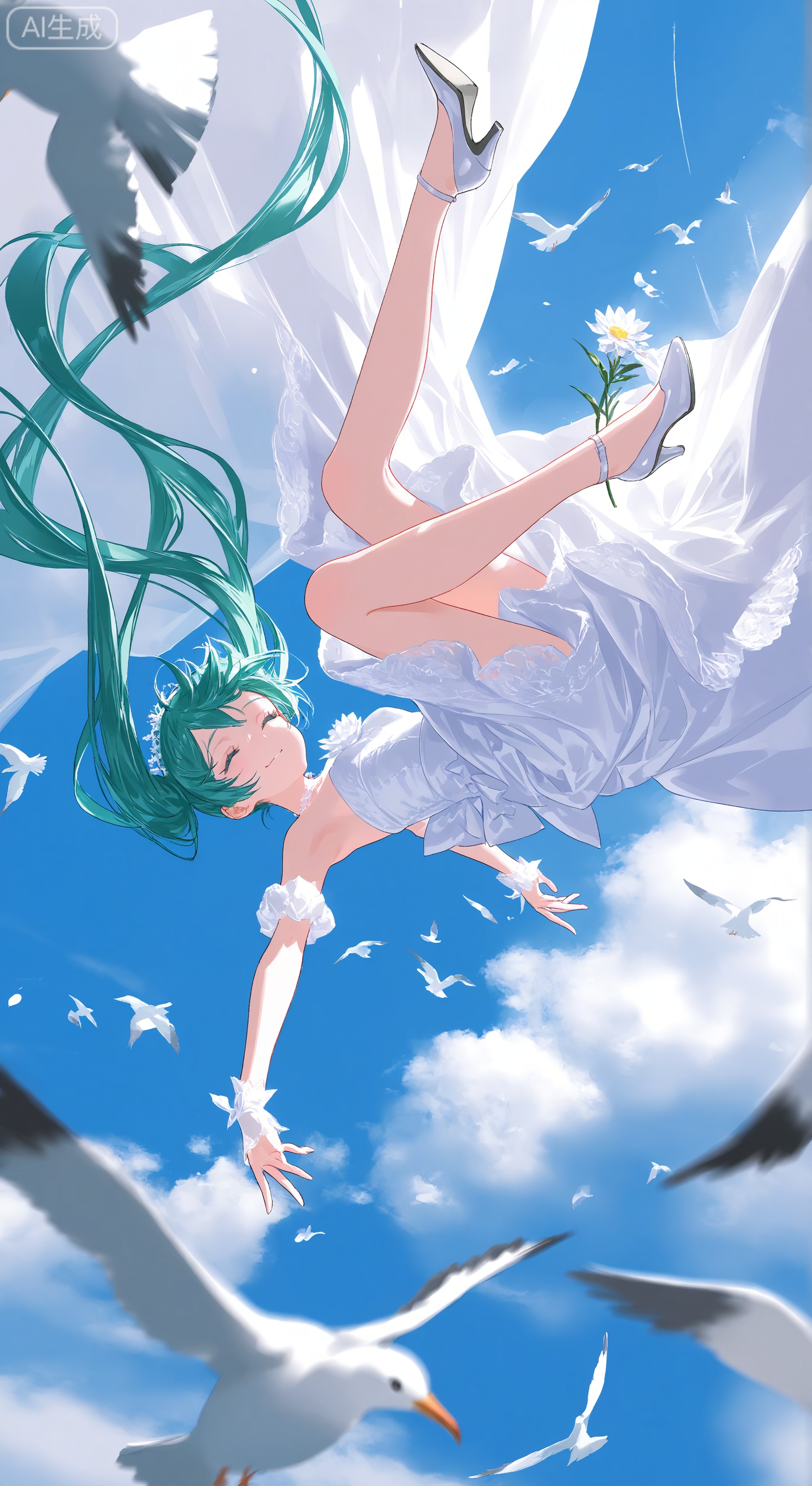 A girl, alone, gazing into the distance, with blue and white tones, green hair, double ponytails, a wedding dress, holding a flower, a wedding dress, a veil, smiling, closing her eyes, falling, free fall, stretching out one hand, long legs, high heels, blue sky, backlight, white clouds, sky, seagulls, character close-up, Hatsune Miku
,Light, shadow ,(Murata_Renge:0.8),(reoen1:1),(as109:0.7),(Saebe_Shun:0.7),(akipeko:0.7),(Toronto:0.8),(lineart:0.8),(fuzichoco:0.6),(Mika Pikazo:0.4),(Artist:  sheya:0.5),(wlop:0.4),Illustration,Simple Flat Coloring,lightshadow,line art,shadow,masterpiece,best quality,good quality,very aesthetic,A shot with tension,impactful picture,offcial art,movie perspective,masterpiece,facing the lens,best quality,very aesthetic,extremely delicate and beautiful,huge filesize,amazing quality,Blurred foreground,solo_focus,simple_background,depth_of_field,sunlight,reflective,masterful details,intricate details,soothing tones,high contrast,natural skin texture,soft  light,sharp,ultra-high resolution,32K UHD,yswh